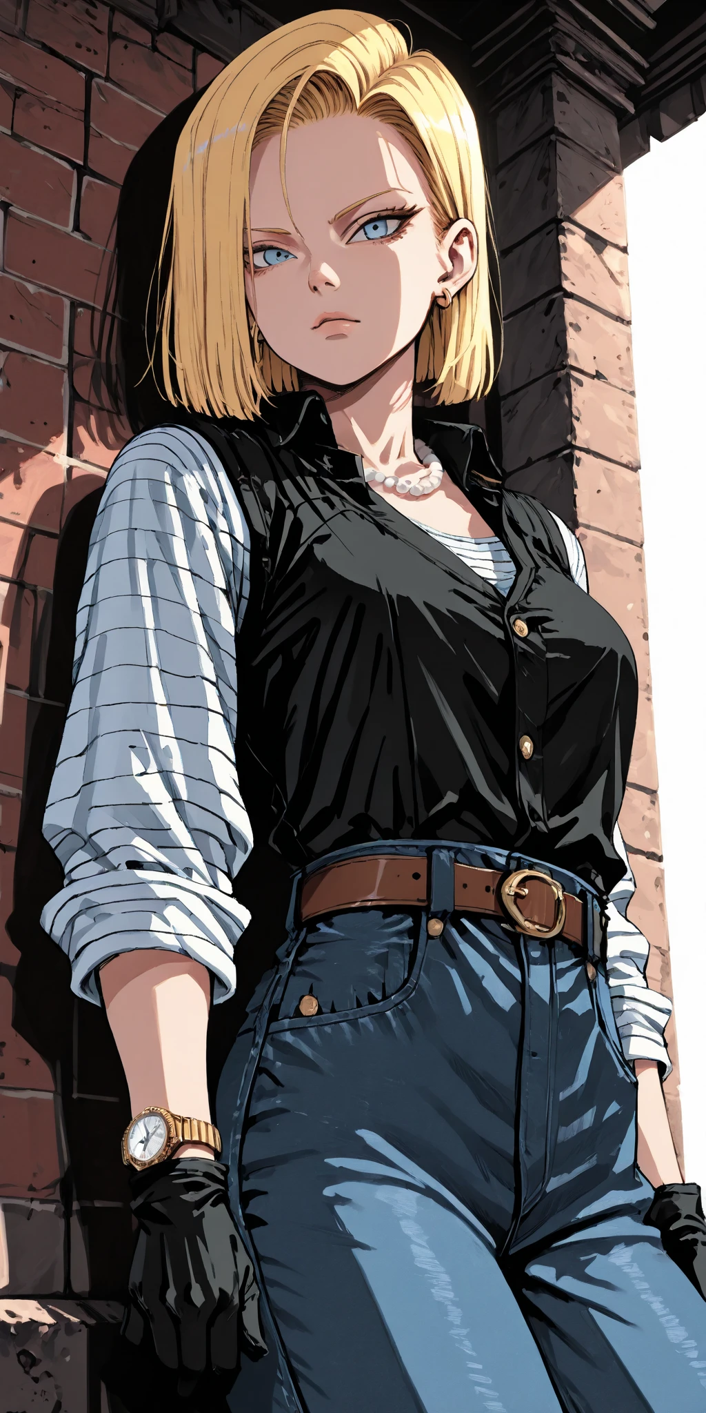 (Best quality, masterpieces, line drawings, line art,by Akira Toriyama:1.1),1girl,Mean Girl,blonde hair,short hair,centre parting bangs,blue eyes,sharp_eyes,slanted_eyes,Unfriendly eyes,Fierce expression,earrings,pearl necklace,White short-sleeved V-neck T-shirt with a blue denim crop jacket，Black JK Skirt, Over-the-Knee Socks,Wind, outdoors, wild wasteland,Blue sky, from an upward perspective