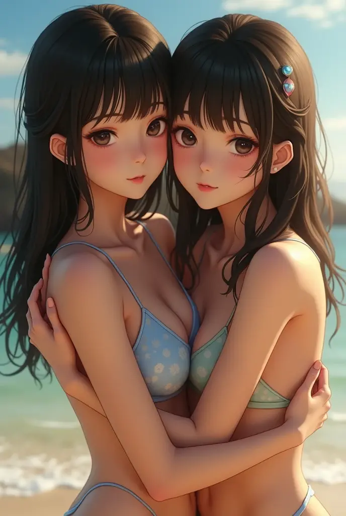 (masterpiece:1.2), (highest quality:1.2),, Curvy but slender body, Perfect Eyes, Perfect Face, Perfect lighting, 2 girls ，In the pool，（Standing position），（whole bodyのショット），（Cute Smile），（Side view）,, eye shadow, Thick eyelashes, Hold with legs, whole body、Bright and beautiful face、Young shiny glossy white glossy skin、The ultimate beauty、The most beautiful light brown hair in the world、Thin Hair、Long Hair、Shiny beautiful bangs、Big, bright blue eyes、Very beautiful and lovely 28 years old, The most beautiful woman in the world、Medium ?????，（Leaning forward），????? ???????，Pubic hair sticking out of pants,Hairstyle Center，White ?????? frill swimsuit