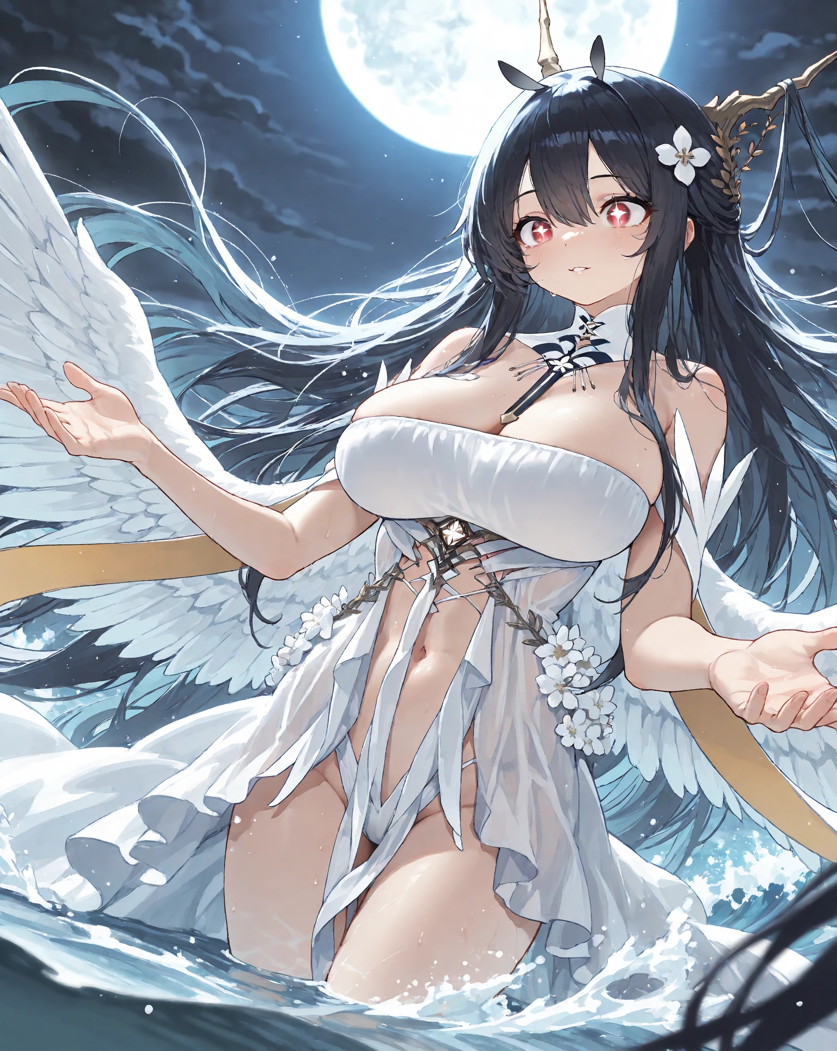 red halo、Mole under the eye、Huge breasts、Very long hair、Low Wing、Big Wings、Black choker、Black lace bikini、Beachfront、Splash