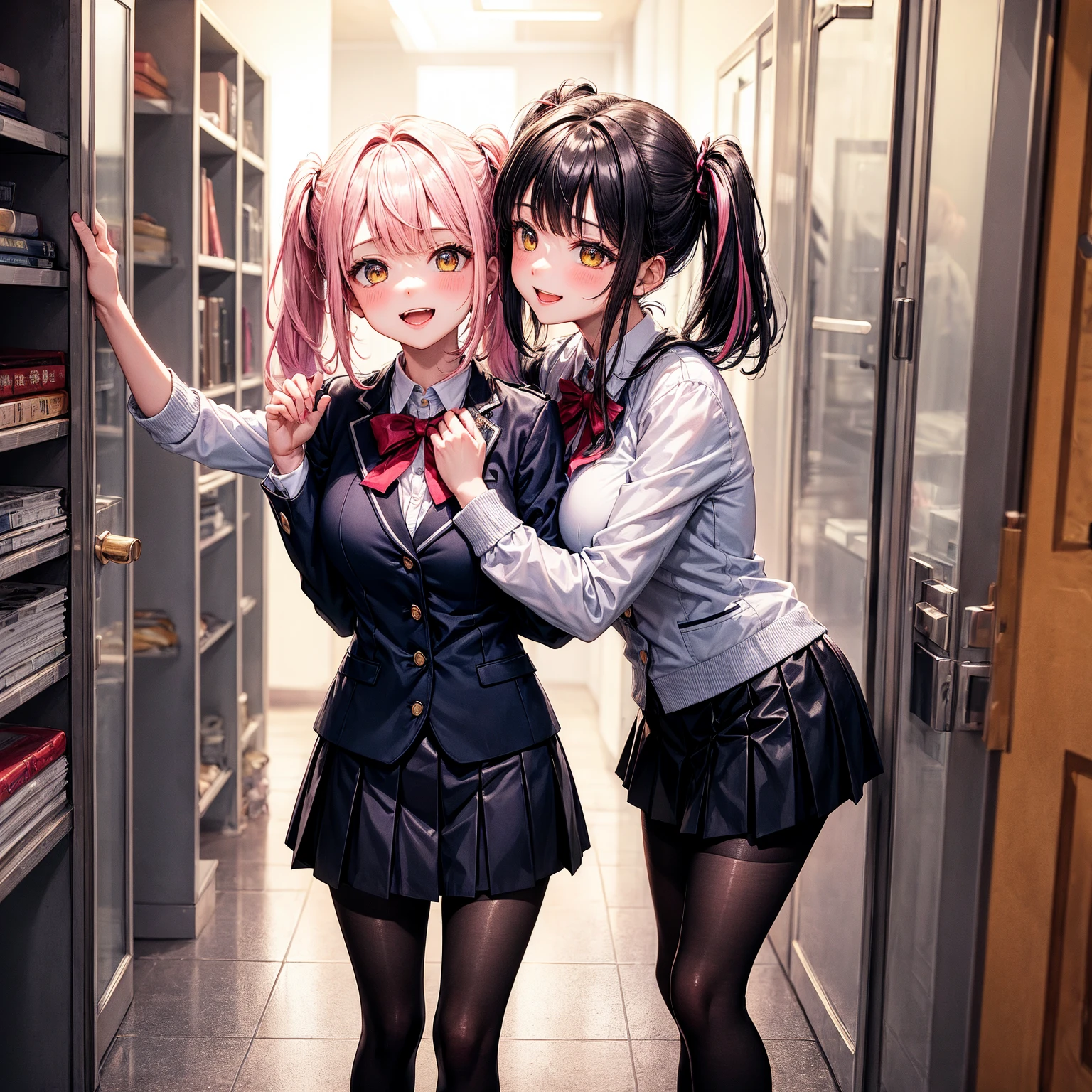 best quality，8K，smile，blazer，ribbon on uniform，，high school girl，multiple girls are depicted，Harem，idol group，photo shoot，long hair，wearing a cardigan，highest quality，，happy girl, girl，pink eyes，perfect face，standing position，I have my hands in my pockets，letting down one's bangs，beautiful eyes,gym,girls hugging each other,smooth hair，multicolored hair colors，naughty girl，beautiful girl，beautiful girl，loose socks