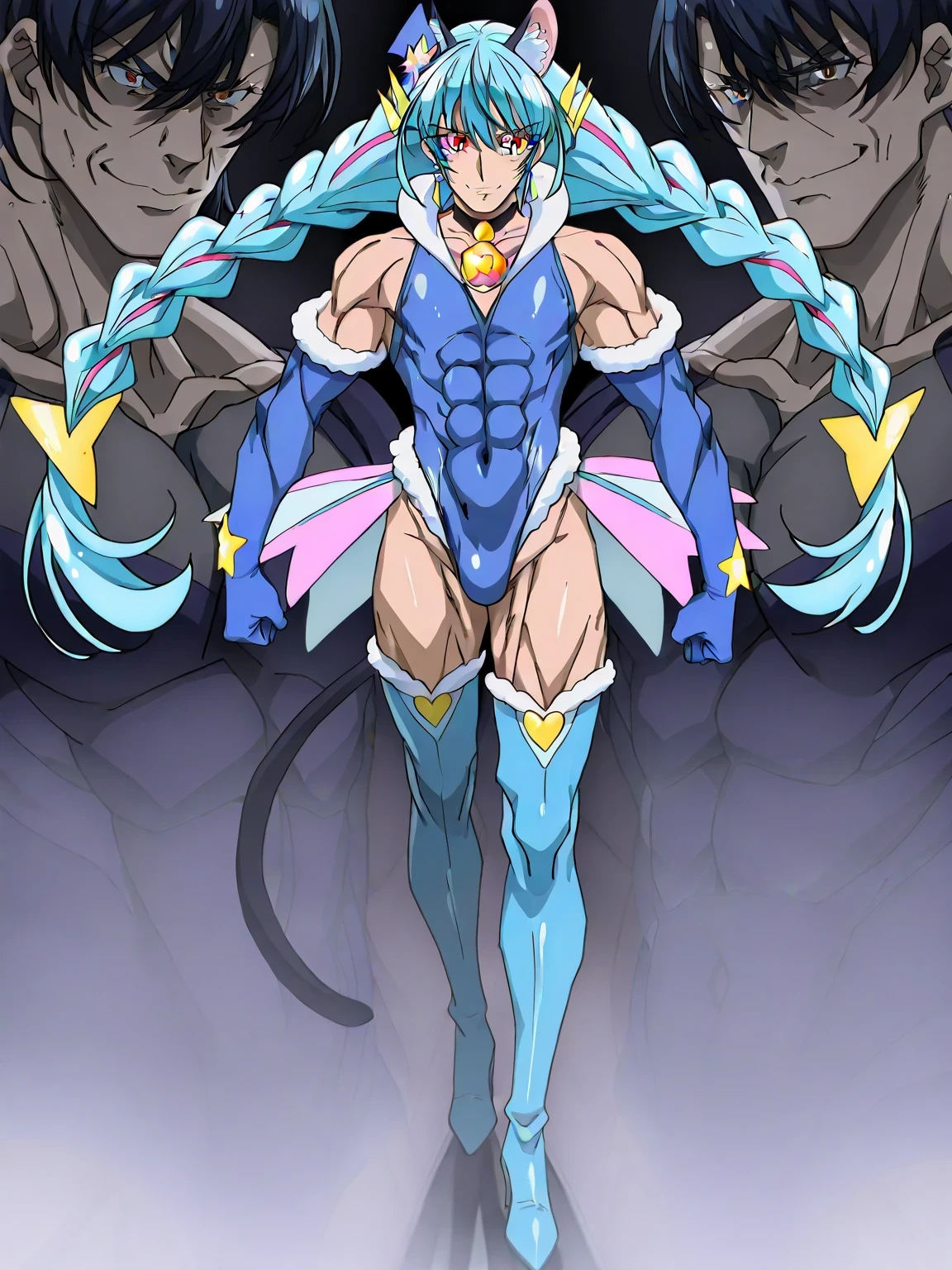 score 9 、score 8 up、score 7 up、source anime、傑作、Best quality、Best resolution、Best image quality、anime coloring、anime screencap、anime screenshot、official art、official style、1boy、cure cosmo is a male warrior、(male:1.6)、anime man in a blue leotard、solo、light blue hair、twin braids、long sidelocks、twin drills、floating hair、bangs between eyes、short bangs、low twintail hair、blunt bangs、orange eyed boy、(manly face:1.6)、long legs、zodiac boy、magical boy、portrait zodiac boy、official anime art style、official anime artwork、official anime style、blue leotard、heart hair ornament、earrings、cat ears、animal ear fluff、sleeveless leotard、fur collar、blue gloves、bare shoulders、elbow gloves、covered midriff、covered abs、covered navel、 covered stomach、covered pectoralis major、flat chest、covered biceps、covered biceps long head、covered biceps short head、covered triceps、covered triceps medial head、covered triceps lateral head、covered triceps long head、covered trapezius、deltoids、anterior deltoids、middle deltoids、posterior deltoids、covered hamstrings、covered adductor magnus muscles、anime best male、bare crotch、(manly:1.6)、high leg cut、skirtless leotard、muscular and strong、slender muscles、slender body、cat tail、blue thighhigh boots、heels boots、standing、seductive anime boy、anime cool boy、anime boy、anime androgynous boy、anime nihilistic boy、anime boy、anime boy、naughty smile、lewd smile、provocative smile、nihilistic smile、((cure cosmo outfit arranged in a leotard style))、official artwork、!!Full body portrait!!、official art style、 magical boy style、top quality、top image quality、top resolution、anime screencap、perfect body、perfect hands、perfect arms、perfect legs、solo focus、male focus、looking at viewer、cowboy shot、(male body:1.6)、beefcake style、dark blue background、light blue background、gradient background、two tone background、multicolored background、