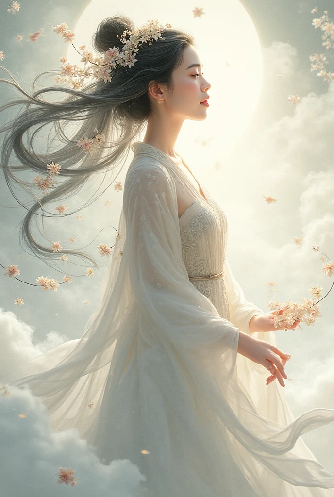32k, Masterpiece, Highest quality, One girl, Detailed eyes, flower,Alstroemeria, White and orange style,A dreamy, romantic piece,Pale purple, Mysterious Leaves,A playful arrangement,Fantasy,High Contrast,Ink strokes,explosion,Exposure, Impression of white and orange tones,Abstract,((Watercolours by John Berkey and Jeremy Mann )) Brush strokes,Negative Space, Tyndall effect,