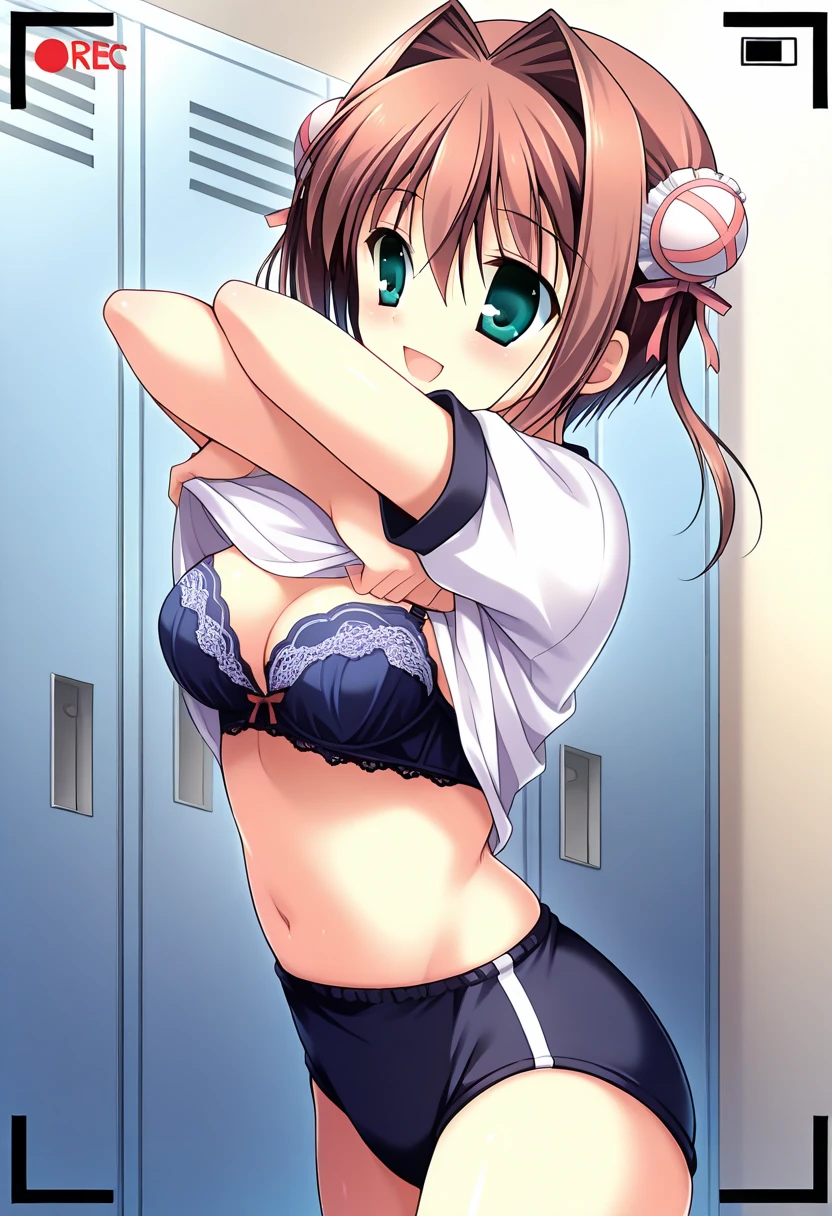 asakura_yume,Brown Hair,Medium Chest,Aqua Eye,White skin,(((locker room))),((Are standing)),((Bust up shot)),(((((Changing into gym clothes))))),((valley)),No bra,((topless)),Nipples,smile,Open your mouth,