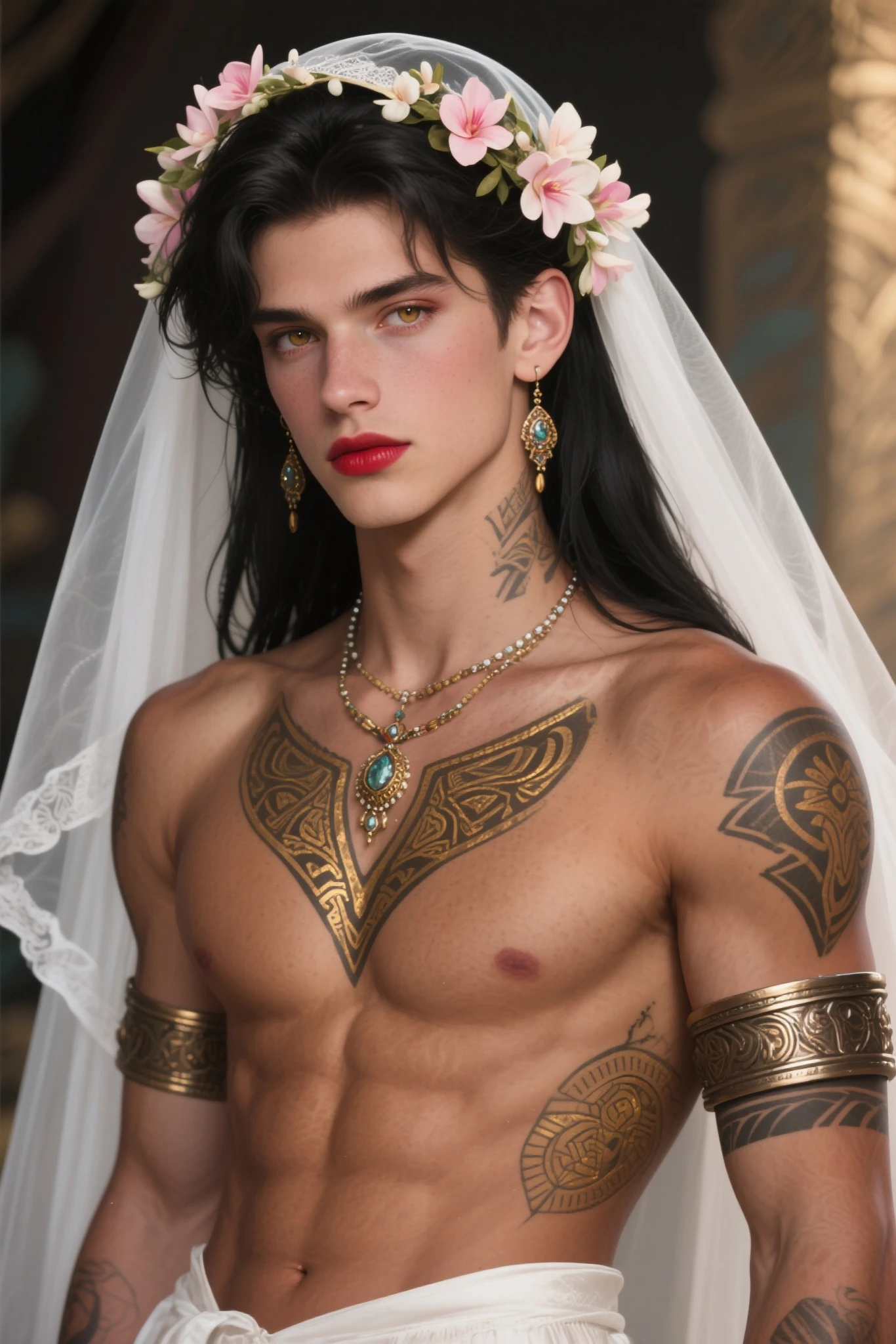 realistic, (masterpiece), (photorealistic:1.3), ultra-detailed, (high detailed:1.2), (best quality:1.0),  manly, musculine, tall man, a man in royal regalia wearing a golden mask, covered with bells. Fantasy, Full body character sheet