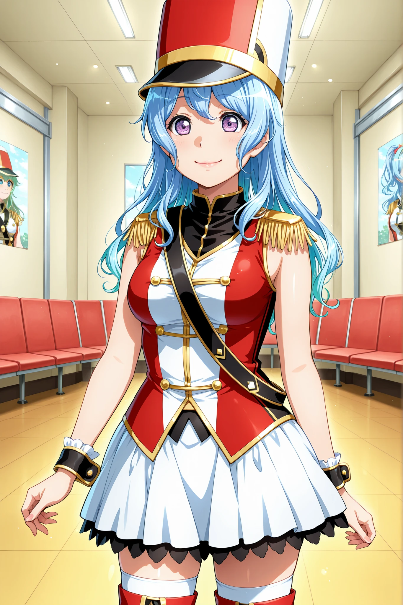 realistic ,cg, photorelistic ,solo, 1girl, Matsubara Kanon,long hair, hair between eyes,green hair band,purple eyes, blue hair, light blue hair, side lock hair ,white and red costume ,kokorohhw, hhw white skirt, hhw shako cap, hhw band uniform, hhw wrist cuffs, hhw thigh boots, closed mouth,medium , rouge lips , standing , live waiting room, cowboy shot, standing ,attention posing ,from front, smile