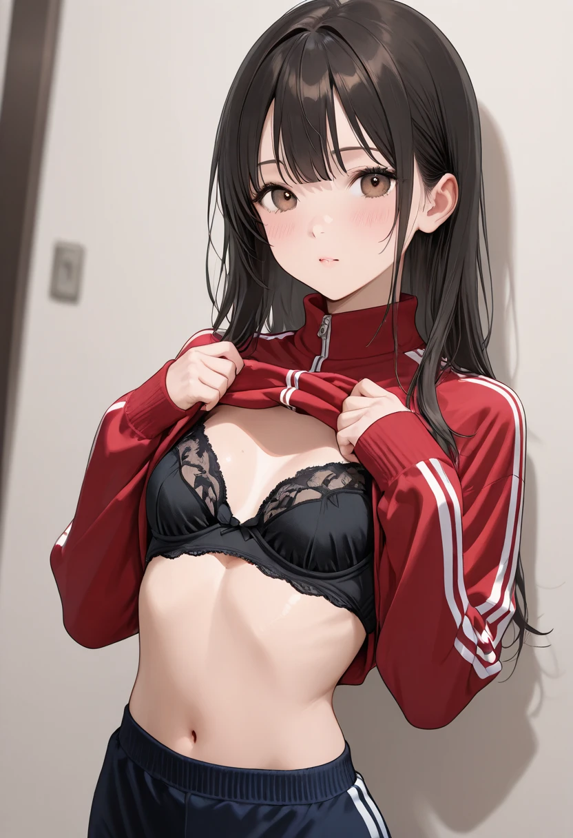 (whole body:1.2), (Young Girls),(((Love Hotels)))、Contempt、 、Red and black hoodie、1 Girl, Black Hair, long hair, Sleep, Light Particles, wallpaper, Extra short hot pants，A young girl lies flat on the bed in the bedroom, hugging her knees and showing a cute expression in the sun. Close-up，
slim body, perfect body, an anime printed super tight off shoulder long sleeve crop top, wearing super tight anime print micro shorts, a super aesthetic  mini jacket, beautiful hair ornament, pink jordan tennis, being photographed in a mall shop,( ,  micro shorts, showing neon pink , showing : 1.5)，1 Girl, Black Hair, long hair, Sleep, Light Particles, wallpaper, Extra short hot pants， best quality， 1 sister， solo， blouse， Denim short, clear and beautiful face、(Cute illustrations:1.2), High resolution, Extremely detailed, 
