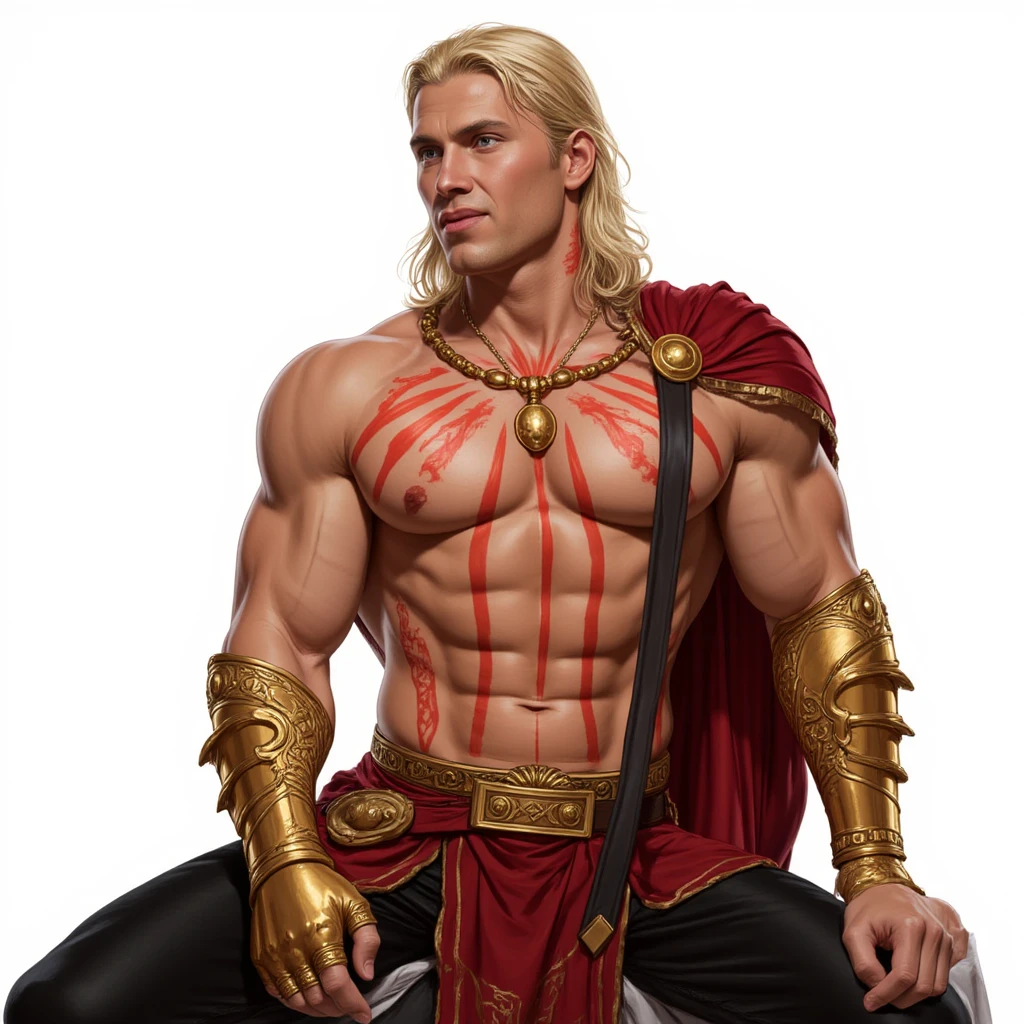 (hyper-realistic digital illustration), (perfect face:1.1), (high detail:1.1) like a renaissance sculpture, extremely handsome male, (??????????), wearing micro black tiny g-string, mage long red robes, clean shaved, front view, lying on his back, holding legs raised, athletic body, (white skin), ???? ?????, flat ?????,(long orange hair scruffy ), serene expression, small waist, muscular. best quality, high-resolution
