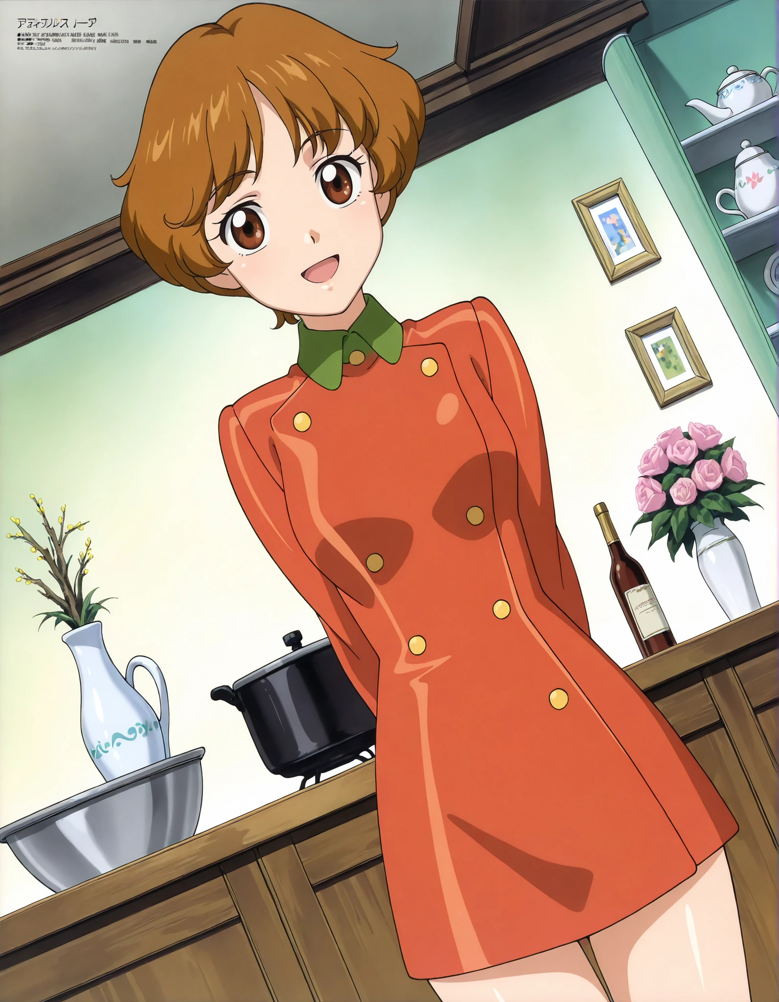 (((Masterpiece))), (((Best Quality))), ((Super Detail)), ultra-High resolution, score_9, score_8_up, score_7_up, score_6_up, score_5_up, score_4_up, BREAK, source anime, anime screencap, Masterpiece, (absurdres), (detailed background), (very aesthetic), detailed beautiful eyes, outstanding, exquisite animation illustration, highres, shiny clothing, anime style, anime coloring, animification, megami magazine, 1girl, solo, Mabel, smile, open mouth, shiny skin, looking at viewer, dutch angle, cowboy shot, novel illustration,