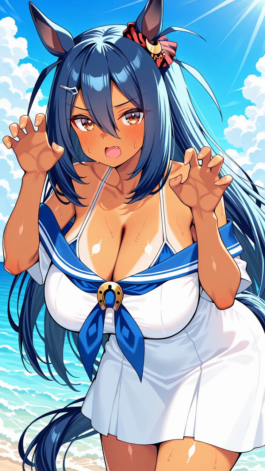 masterpiece, best quality, pkmnLana, white pupils, headband, blue sailor collar, sleeveless white shirt, swimsuit under clothes, blue pants, cowboy shot, smile, beach, blue sky, clouds, looking at viewer, waving, grin, nsfw, (bare breast:1.5)