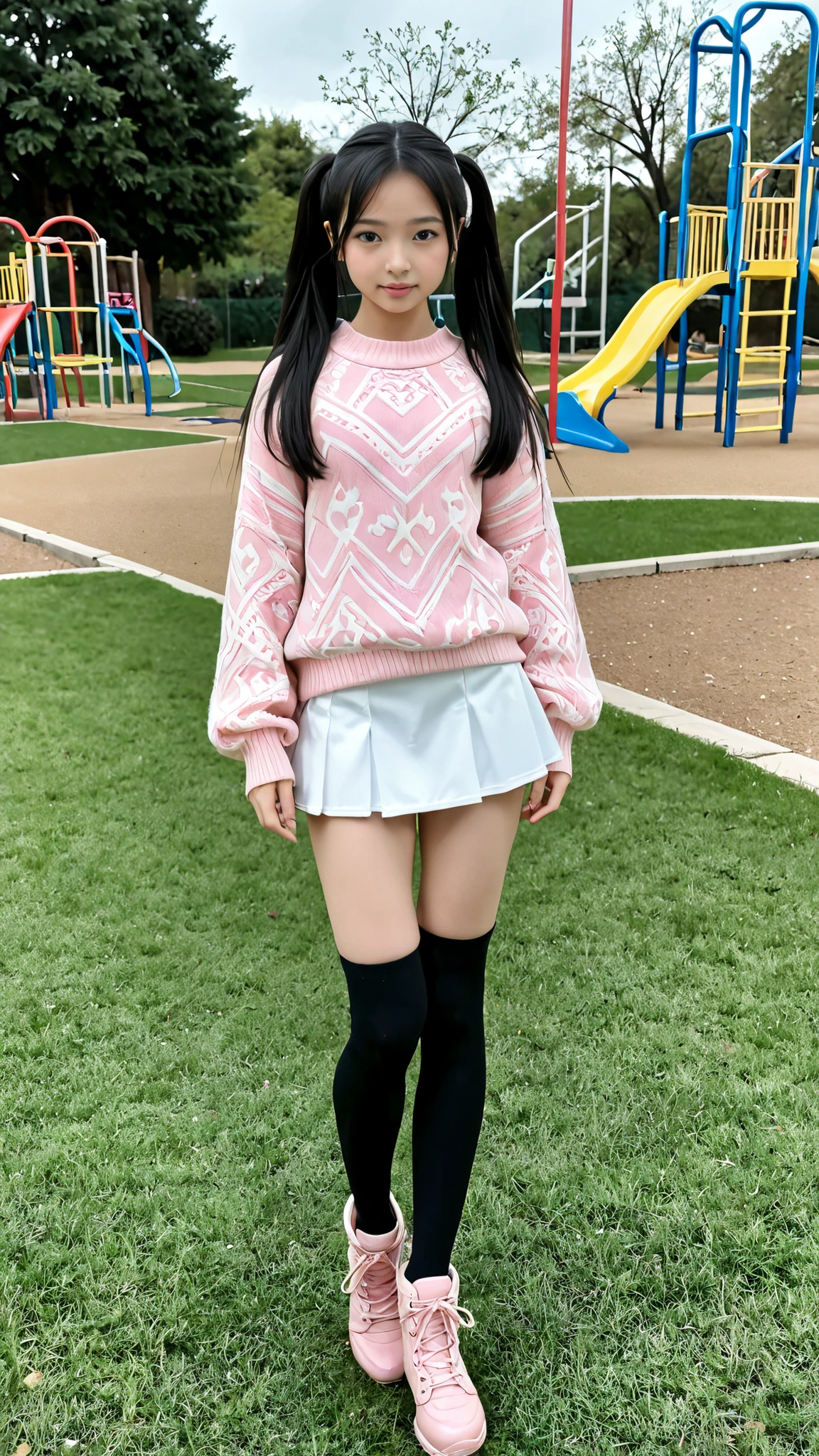 A young Japanese girl is standing on the lawn at the playground、17 years old、pretty face、long black hair、Twin Tails、Stylish, cute, long-sleeved clothes、Pink Patterned Sweater、white mini skirt,black knee-high socks、sports boots、on the side、full body view