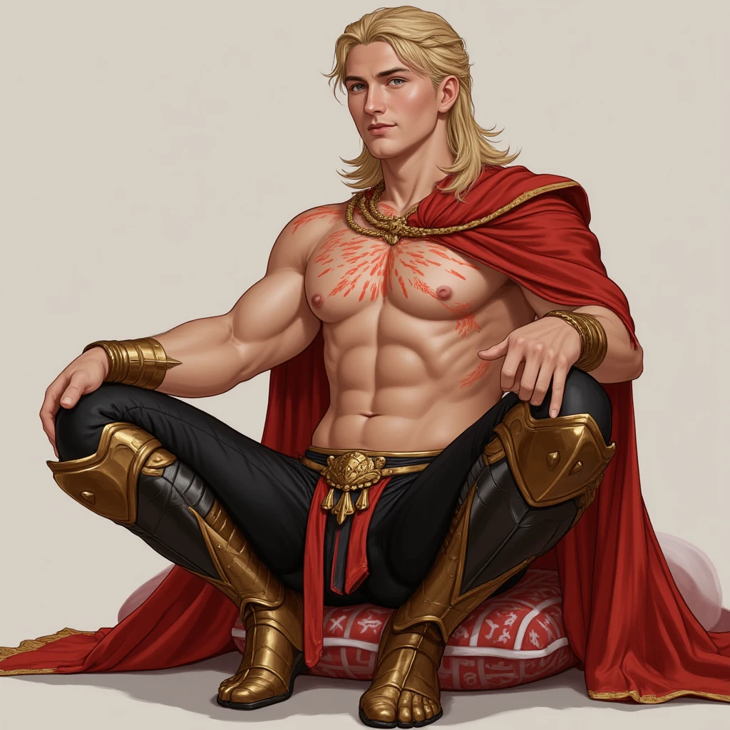 Greek god albino Apollo showing his thick hairy , strong beefy body,  in a temple, blond hair