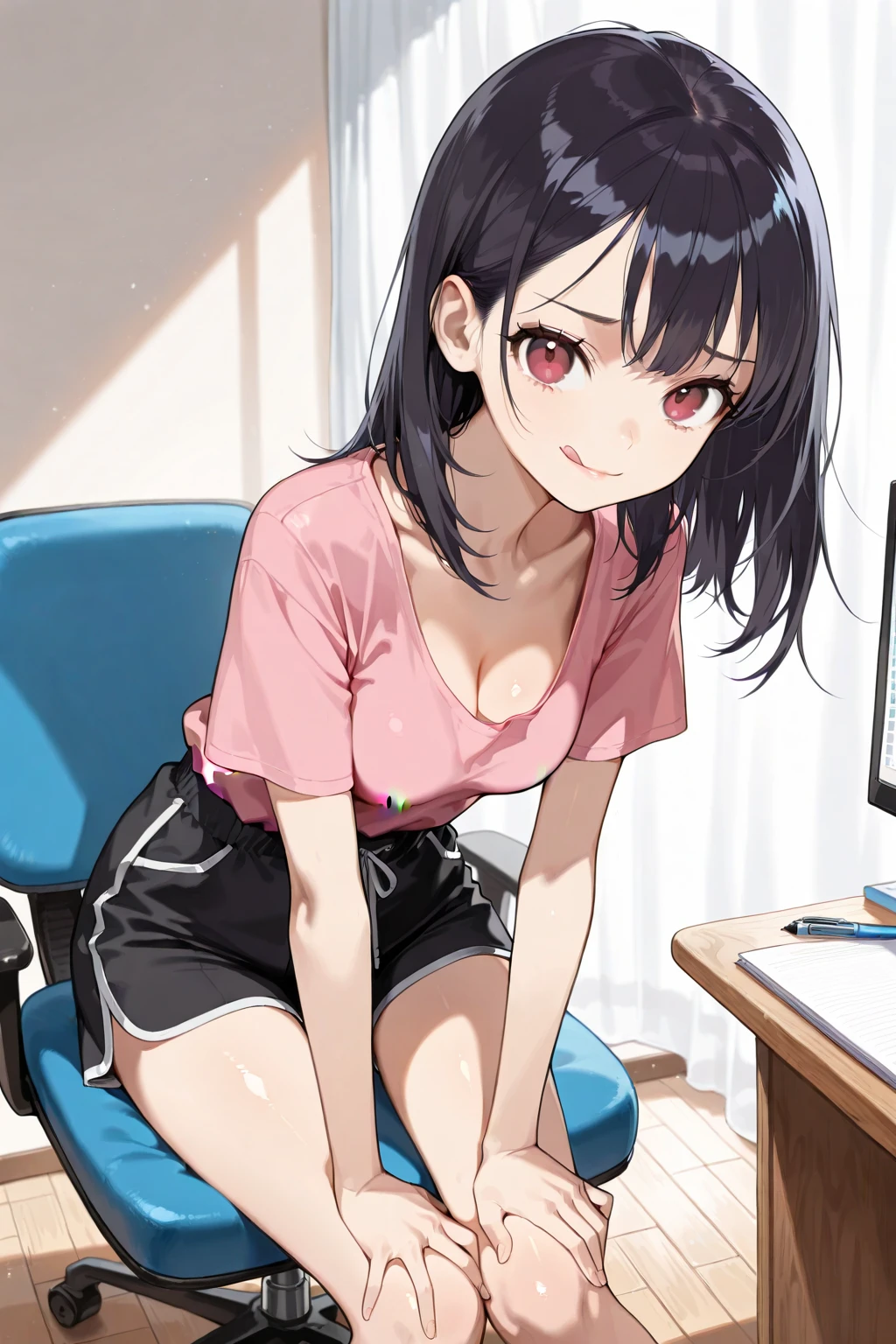 Beautiful illustration、top-quality、超A high resolution、Professional、cute girl ed room、Black hair、(((pink skirt)))、((Pink Swimsuit))、、Small、a navel、Turn up your skirt、Show white panties、Please lift up your skirt and show me your panties.、Black eyes、All-School Assembly、In front of the microphone、lovely thighs、glowing thigh，embarrassed from，Used condoms，Red headband，White pants，Shiny，White sweat，White sweat on the face，Drooling in the mouth，White runny nose，shining face，(Open your mouth wide)，Show your，dishevled hair，White liquid on the face，nipple erect，Stick out the tongue，hands behind your back，Bukkake，White drool，drooling、smiley hair clip，2 red hairpins、full bodyesbian、Pink、Faces of schoolchildren、put out the tongue、Okabo head、angry looking face、Crouching Pose、white runny nose、milk splashes on face、((Kakuona))、Sheer clothes、Uh-huh、Bitten underwear、colourfull、microphone、Squeaky characters