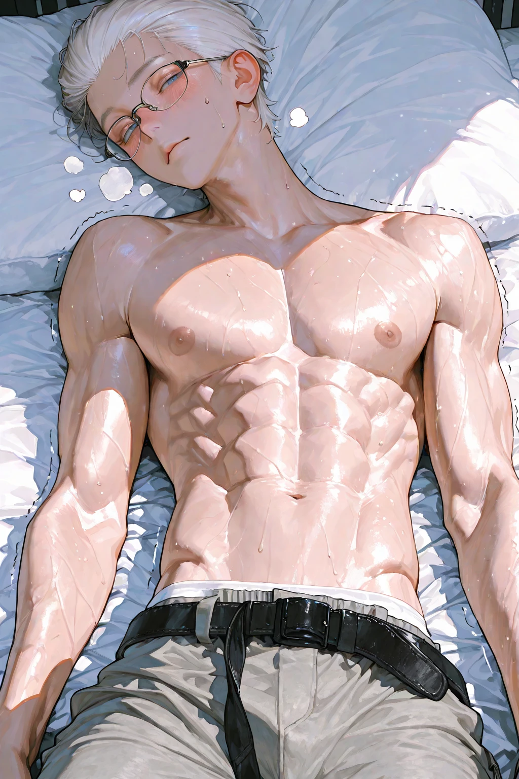 Shirtless anime guy muscular with white hair
 Bts style 
6 pack abs 
Lying on the bed