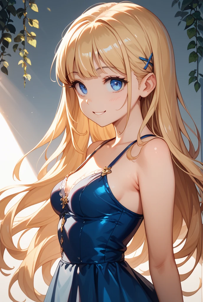 (masterpiece:1.3), (best quality:1.1), (8k, ultra detailed, ultra high res:1.2), ((anime style)), perfect 5 fingers, perfect , 
1girl,
BREAK long hair, wavy hair, 
(blonde hair), 
(blue eyes), 
, camisole, (Sequins:1.2), 
BREAK smile, 
(((looking up))), dramatic angle
cowboy shot, 
white background, 