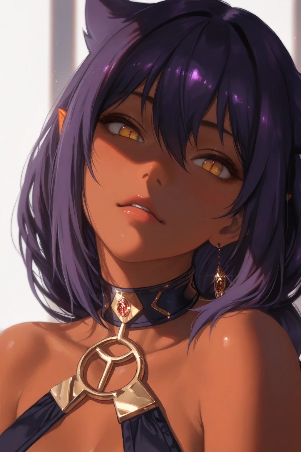 (masterpiece, High resolution, Highest quality:1.3), Professional artwork, 8K, Very detailed, complicated,  Vivid image, Sharp focus, Trending on pixiv
Aishwaryalei, alone, Mature Woman, 40 years old, Mature Woman, Curvy, (Dark Skinned female:1.2), (Dark Skin:1.1), Verbal invitation, View your viewers,
Purple Hair, Long Hair, ponytail, (Hair on one eye:0.8), Circlet, Purple lips, compensate, Green Eyes, Hoop Earrings, Lock, Perfect Eyes, Perfect Face, Ultra detailed hair, Detailed face,