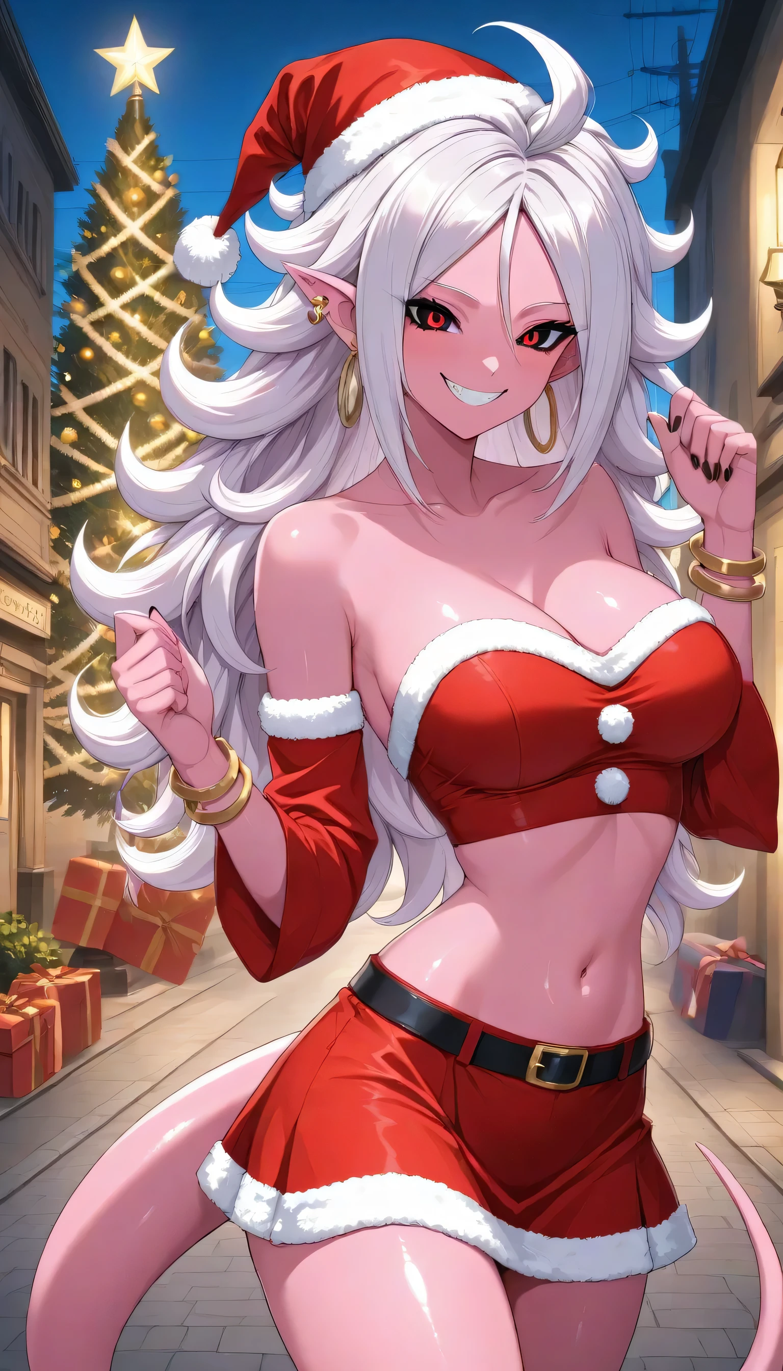 score_9, score_8_up, score_7_up, source_anime, 1girl,tall body, ((((android 21(Demon)))), (long hair, messy hair), gray hair, black and red eyes, , pink skin, Tail, base of shoulder, midriff, pointed ears, ((she is wearing a Santa costume,Santa Mini Skirt, Santa Hat,detachable sleeve, hoop earrings, strapless,bracelet)), wicked smile,Outdoors,Street,Christmas tree,Illuminations,Volume Lighting,Christmas gifts,Cowboy Shots,fold your arms