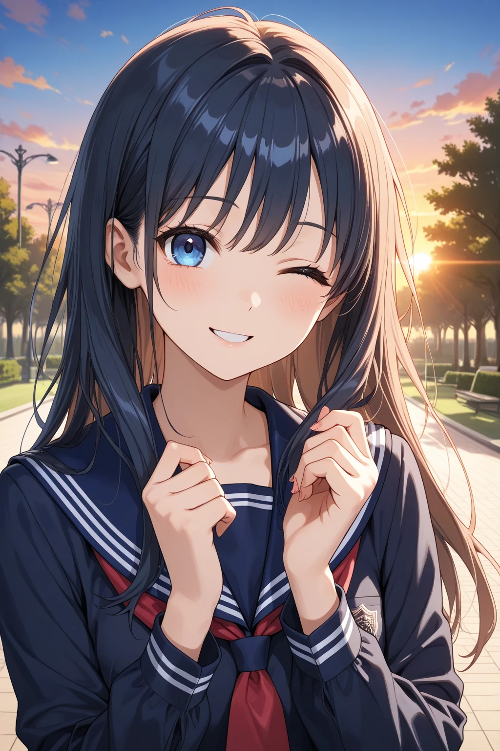 Okay, Saten Ruiko, Black Hair, blue eyes, Long Hair, hair ornaments, Floral decoration,
break セーラー服, blue skirt, pleated skirt, ((ミニskirt:1.5)), Seraphim, skirt, Summer clothes,
break outdoor, null, sun, cloud, grassland,
break looking at viewer, (Cowboy Shot:1.5),
break (masterpiece:1.2), Highest quality, High resolution, unity 8k wallpaper, (figure:0.8), (Beautiful attention to detail:1.6), Highly detailed face, Perfect lighting, Highly detailed CG, (Perfect hands, Perfect ), Angle from below, Dutch Angle, smile, 風でskirtが捲れる, ((Showing :1.3))