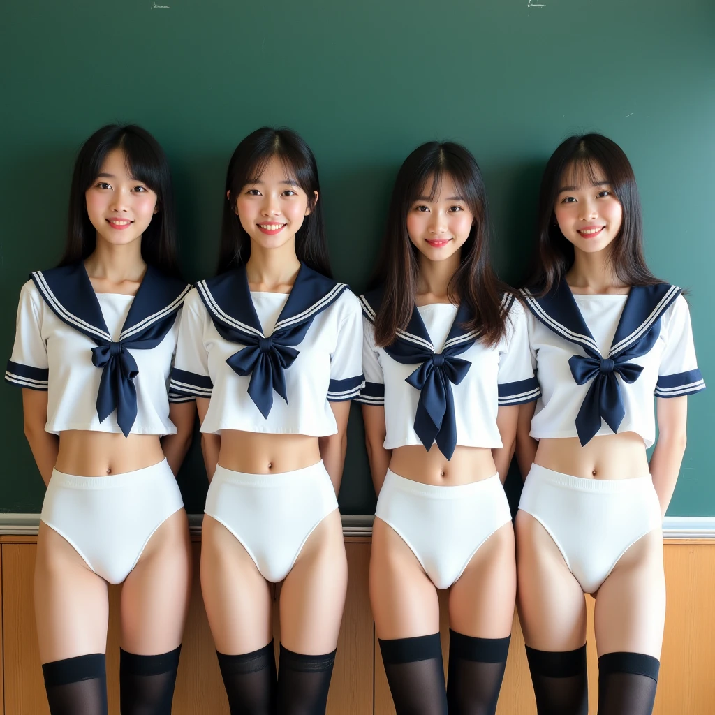Three very young girls in bed,Mr..々sailor suit,18-year-old,bangs,a little smile,thighs,knees,each with a different hairstyle,from below,front light、spread your legs、 are fully visible、 smile、Soaking wet whole body、water droplets、have 、live action、photograph、Mr..々Counterpoint、Black pubic hair is visible from under the white sailor leotard