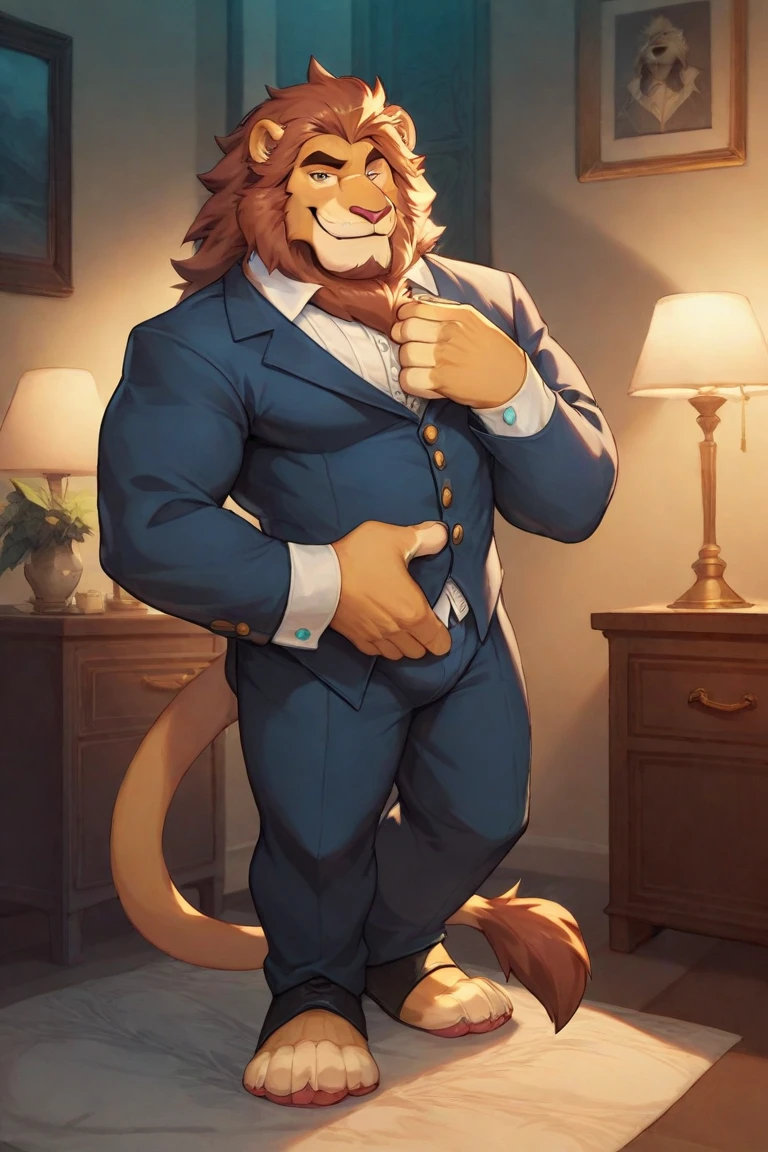 best , best quality, (by null-ghost,by darkgem,by pino daeni,by zoroj, by redrusker), (furry art, soft shading:1.1), bara, blue eyes, blue nose, mane, tail, solo, (pinup), (pose), (soft shading), 4k, hi res, ((detailed face, detailed eyes)), smile, open mouth, simple background, looking at viewer, shirt, vest, bow tie, Lion, (broad shoulders, narrow waist:1.05), 5 fingers, blue eyes, black nose, blue claws ,standing in a bedroom, masterpiece, Ultra highest quality, unreal engine, trending on ArtStation, Intricate, Ultra heavy High Detail, dramatic, realism, , thick , realistic, sitting, muscle, furry, day, looking_at_viewer, Ultra heavy detailed eyes, Ultra heavy detailed body, Ultra detailed heavy face, Ultra heavy detailed , Ultra heavy detailed , expressive, masculine,