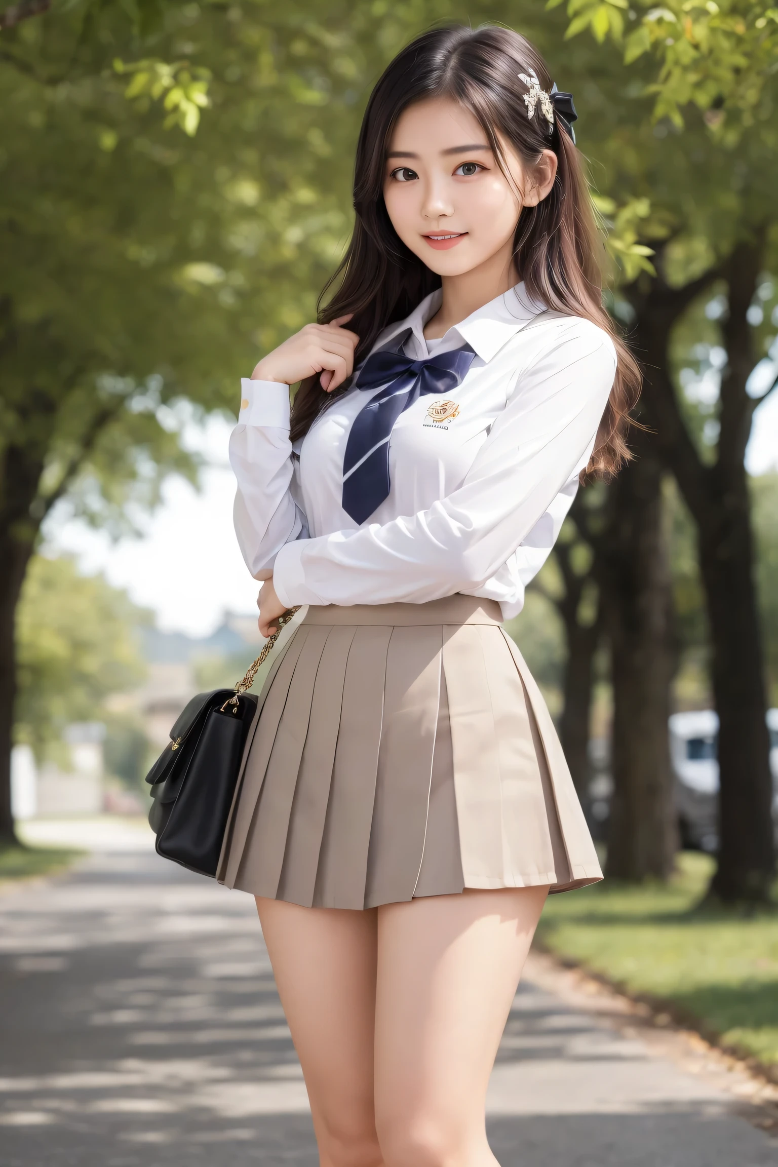 Dynamic Pose,in the shade of a forest road,top quality,super high resolution,1 person,Full Body,黒い髪, cute smile,Watch the camera,Beautiful and exquisite face ,beautiful and delicate skin,skin texture,high school students,beige uniform, Brown socks, White Browse, Unchecked Pleated Miniskirt,After School Classroom,standing pose, super low angle, shining thighs, School Cardigan,bow