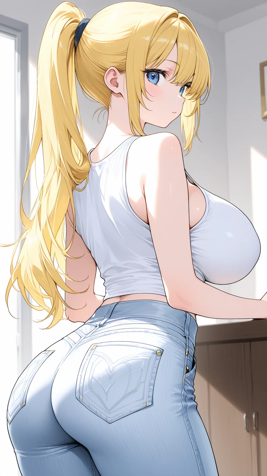 Tsunade Senju, 1 girl, ((bimbo))), long and blond hair, cute smile face, swollen lips, Painted lips, thick lips, Wide ????, thick thighs, huge ???, longing for expensive lust , huge huge natural ???????, neckline, mature mother, High Waist Jeans, white cap, 