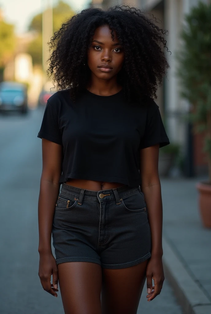 ((perfect photograph)), ((realistic)), ((8k)), (perfect face), gorgeous black woman with dark afro hair, wearing a straight long baby blue t-shirt and dark jeans, standing towards the camera, sunny day in front of brick wall, torso facing camera, outdoors, lots of light, lots of plants, bright blue eyes