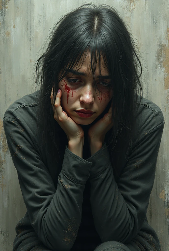 Undead sinner on her knees, forced , (oral :1.3),  , hand on her head, holds her by the hair, (traces of beatings on her body:1.2), torn clothes,  slavery, hellish torment