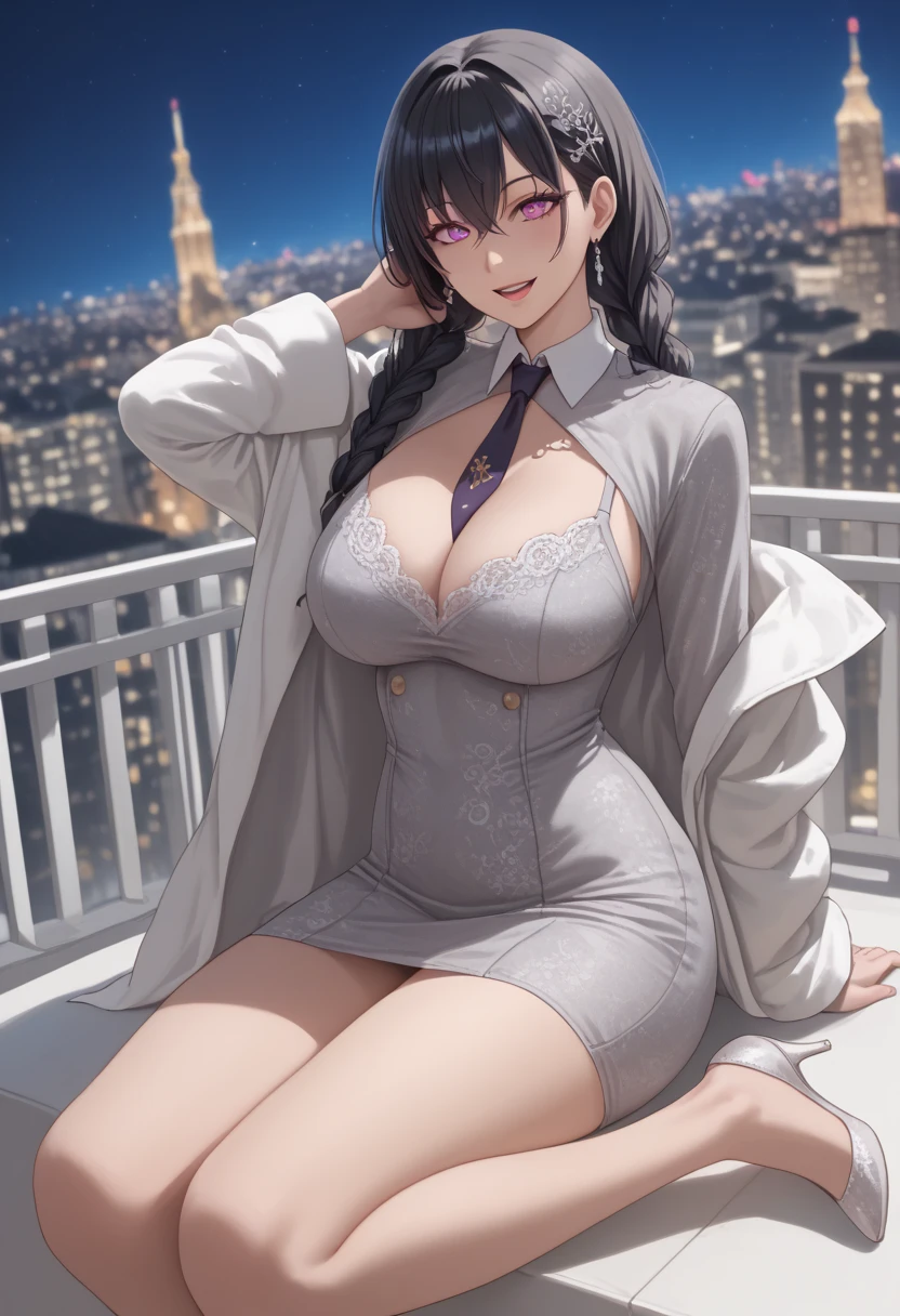 (masterpiece:1.2, top-quality), (realistic, photorealistic:1.4), beautiful illustration, (natural side lighting, movie lighting), 
looking at viewer, 1 woman, japanese, 22 years old, high school teacher, perfect face, cute and symmetrical face, shiny skin, babyface, 
(short hair, straight hair, dark brown hair), hair between eyes, dark purple eyes, (middle breasts,  thighs, big ass), piercings, 
beautiful hair, beautiful face, beautiful detailed eyes, beautiful clavicle, beautiful body, beautiful chest, beautiful thigh, beautiful legs, beautiful fingers, 
((navy jacket, close jacket, navy tight skirt, white collared shirt), black pantyhose), purple neck ribbon, high heels, 
(beautiful scenery), night, living room, sitting sofa, (lovely smile, upper eyes),front open shirts,purple ,big breasts,big ,