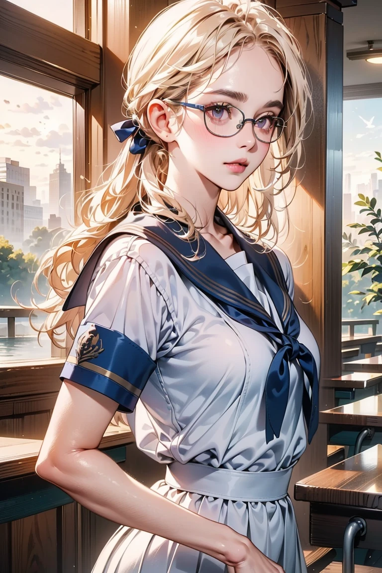 (masterpiece:1.2, top-quality), (realistic, photorealistic:1.4), beautiful illustration, (natural side lighting, movie lighting),
looking at viewer, cowboy shot, (from below), (dynamic angle), 1 female, japanese, high school girl, perfect face, cute and symmetrical face, babyface, shiny skin,
(long hair, single braid, blonde hair), hair between eyes, blue eyes, long eye lasher, (large :0.6), lips, , , mature body, jk,
beautiful hair, beautiful face, beautiful detailed eyes, beautiful clavicle, beautiful body, beautiful , beautiful thigh, beautiful legs, beautiful fingers,
chairman, sailor suit, pleated skirt, glasses,
(beautiful scenery), evening, (cityscape:1.2), (walking), (lovely smile, upper eyes, open mouth small),