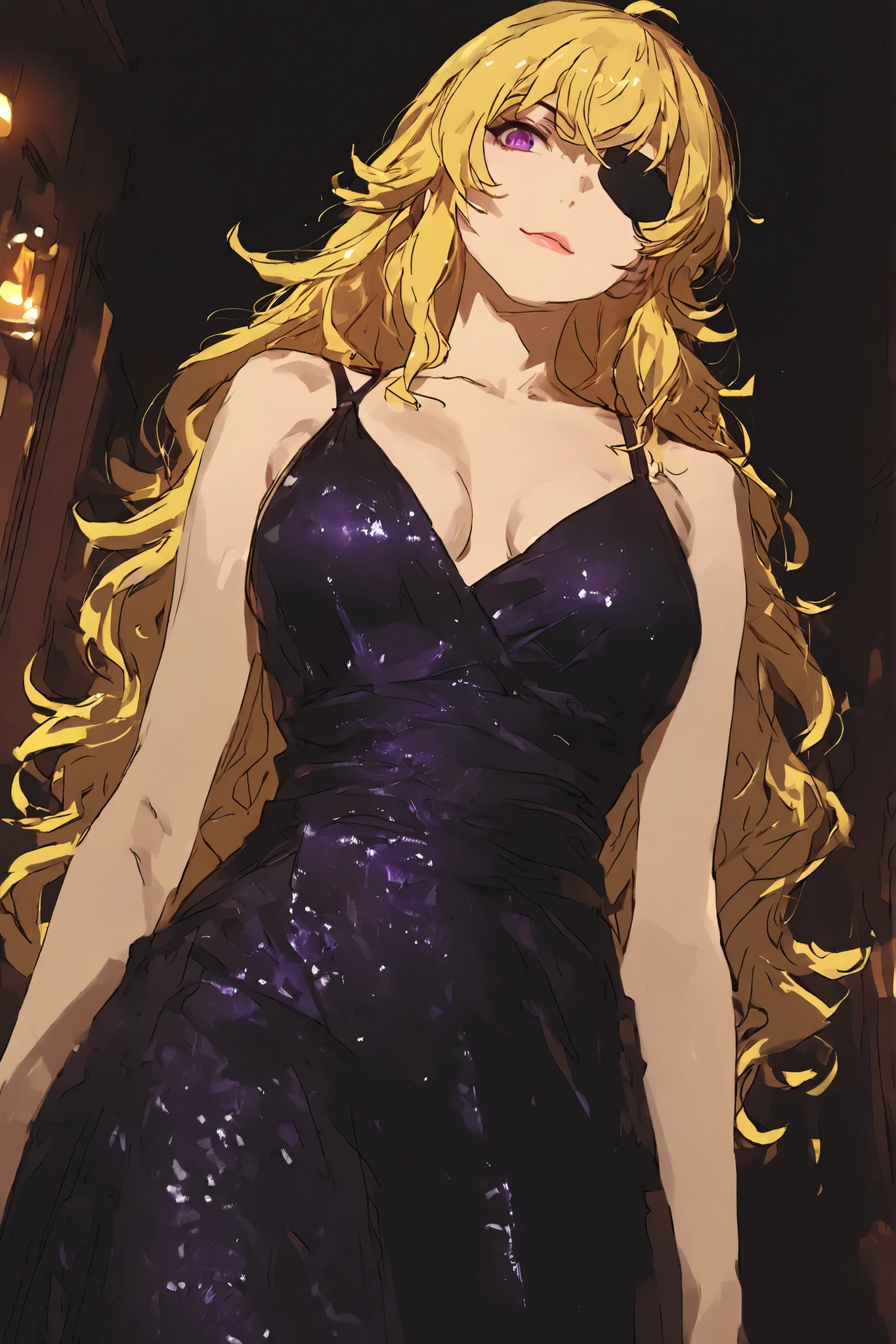 illustration, yang xiao long, 1girl, solo, purple eyes, one eye patch, blonde hair, wavy hair, long hair, wearing black social dress, beautiful woman, , nacklace, rebellious and alluring expression sharp and defined facial features, moody cinematic lighting, high-detail linework and painterly textures, dynamic composition, high quality, finely detailed textures, dramatic contrast, illustration style, 4k, small smile at the corner of her lips, half sadistic, half psycho, confident, perfect, looking to the viewer, beautiful, stunning, like a protagonist, in a bar