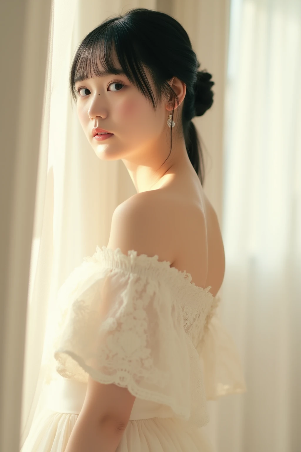 ((highest quality)), ((masterpiece)), (be familiar with), Young Japanese woman praying at a temple in Bangkok,sexy,pearl necklace