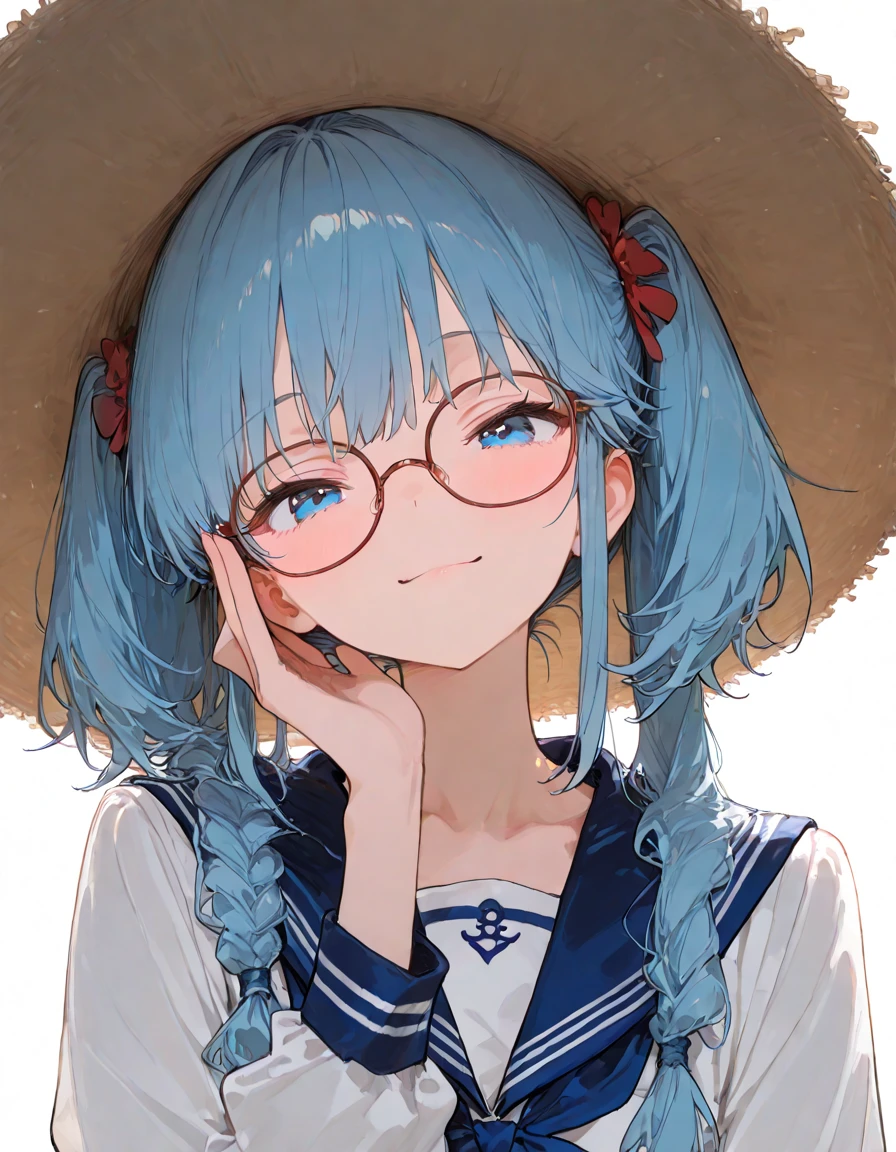 (Masterpiece, Best Quality, Best Quality, Watercolor (Medium), Official Art, Beautiful and Aesthetic: 1.2), (1 Girl: 1.3), (Fractal Art: 1.3), Full Body, Star-shaped Pupil, Viewer's Look, Pattern, (Blue Hair, Light Blue Hair, Half Blue and Half Light Blue Hair: 1.2), Water, Liquid, Cloud, Colorful, Sun, Sunlight, Cheeks Red, Smile, Glasses, Heterochromia, (Colorful: 1.5), Wet, School Uniform, Student Bag