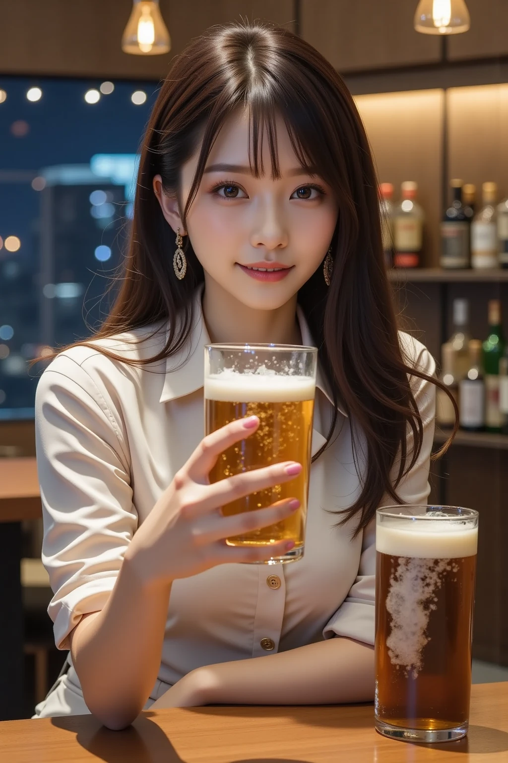 A very cute face like an idol、Looks like a young face、20-year-old female、Gentle and cute、A kind smile、White, sheer shirt blouse、((whole body像))、Cleavage、A crowded bar、Toast with a beer mug、Cinema lighting、Natural light、whole body、RAW Photos、Genuine、Artistic、(High level of artistry)、High quality that is indistinguishable from real life、realism、Real Stick、High resolution、masterpiece