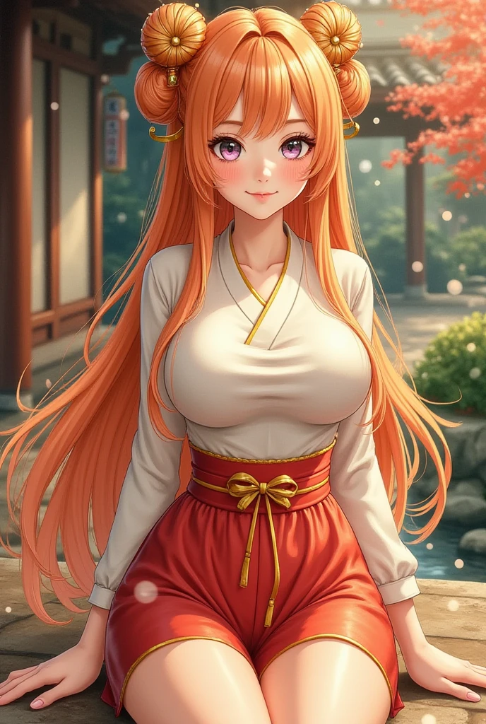 Tsundere from Naruto, Asura style, score_9, score_8_climb, score_7_climb, score_6_climb, Flashy, Like Yuki, orange hair, Fold, braid, short hair, orange eyes, Take a break  (Detailed eyes:1.5), (perfect hand, perfect ), anime style, Manga Style, hand drawn, cinema, Sharp focus, funny illustrations, Large depth of field, Masterpiece, concept art, Trending on artstation, bright colors, simple style, Trending on artstation, Trending on CGSociety, complicated, bright colors, soft shading, Simple attributes, sharp corners, playful, sweat a lotเกินไป, sweat a lot, sweating drop Take a break, big breasts,  Japanese clothes, kimono, rift, blue kimono, collarbone, fur trimming, wide arms, off shoulder, long sleeve,  shoulders, sit, Spread your legs, can, look at viewer, Gloomy expression, Chapped lips, Backlight, garden, garden, Bokeh,