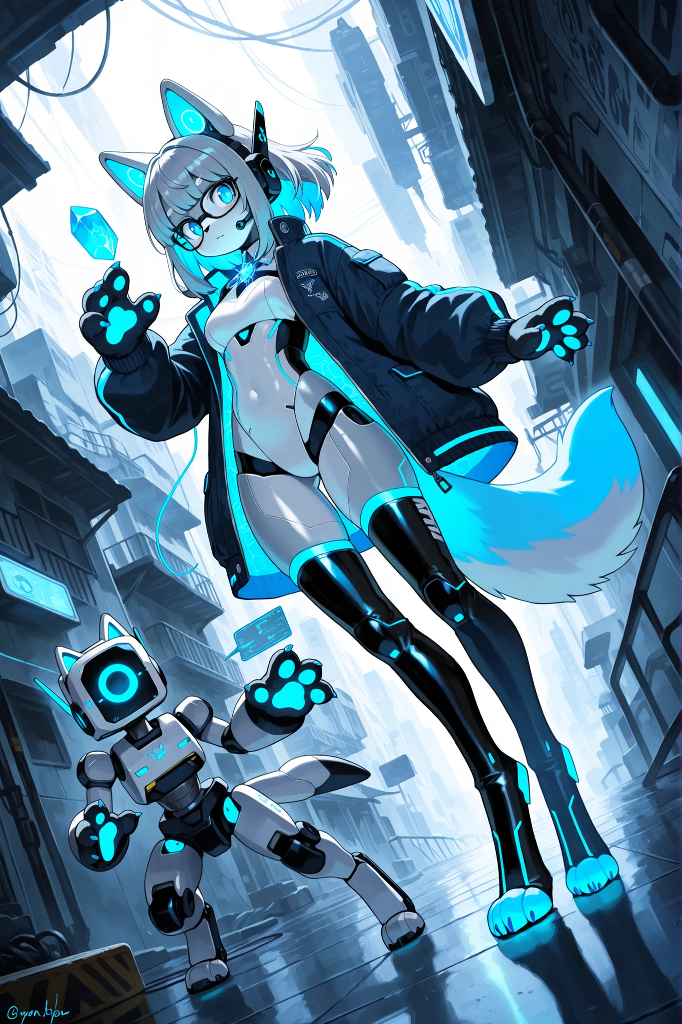 1girl, original, furry female, anthro, kemono, dog ears, (digitigrade:1.3), 
medium hair, gray hair, cyan hair, light blue eyes, black-framed eyewear, blue nails, cyber fashion, crystal brooch, glowing blue trim, glowing blue neon lines, paw gloves, navy jacket, open jacket, thigh boots, cyber head gear, mechanical headset, dynamic pose, dutch angle, ((holographic, robot, bipedal robot)), muted color palette, masterpiece, best quality, newest, very aesthetic, absurdres