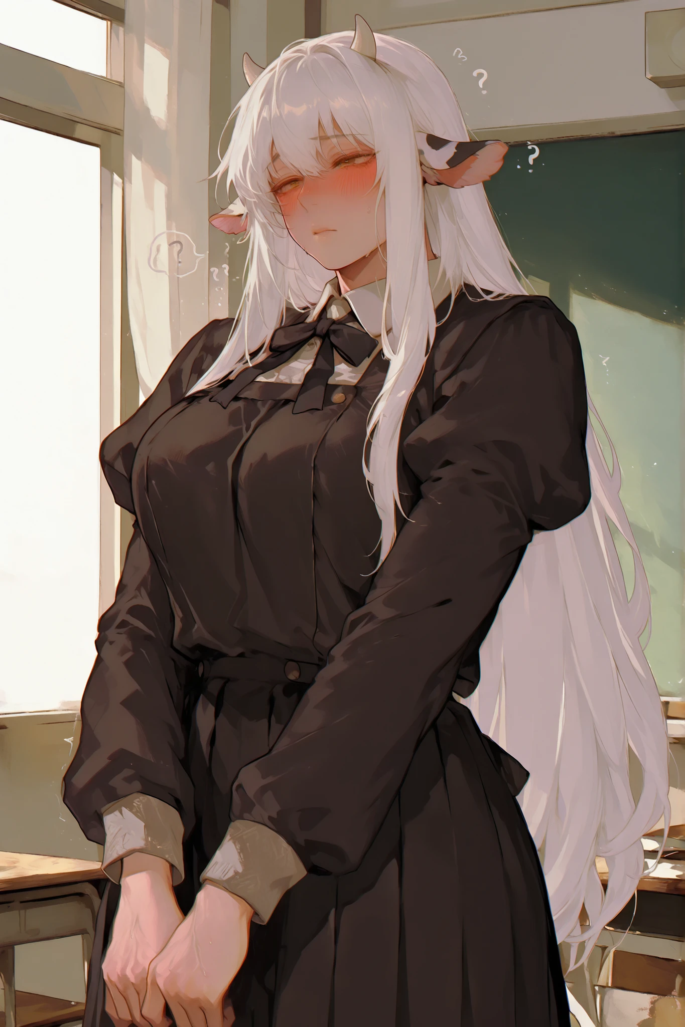 (Only a cow) A chubby selling dairy cow, very long white hair, low column, small dairy cow horns,  dairy cow ears,  Young Beautiful Face , beautiful body,    soft skin ,    soft body    ,large pectoral muscles ,  Toned hips , tender eyes, confused blushing., school uniform , dress. classroom.