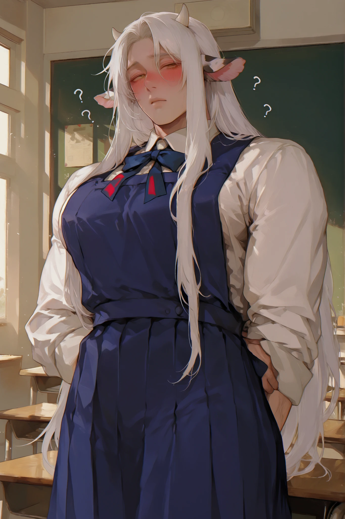 (Only a cow) A chubby selling dairy cow, very long white hair, low column, small dairy cow horns,  dairy cow ears,  Young Beautiful Face , beautiful body,    soft skin ,    soft body    ,large pectoral muscles ,  Toned hips , tender eyes, confused blushing., school uniform , dress. classroom.