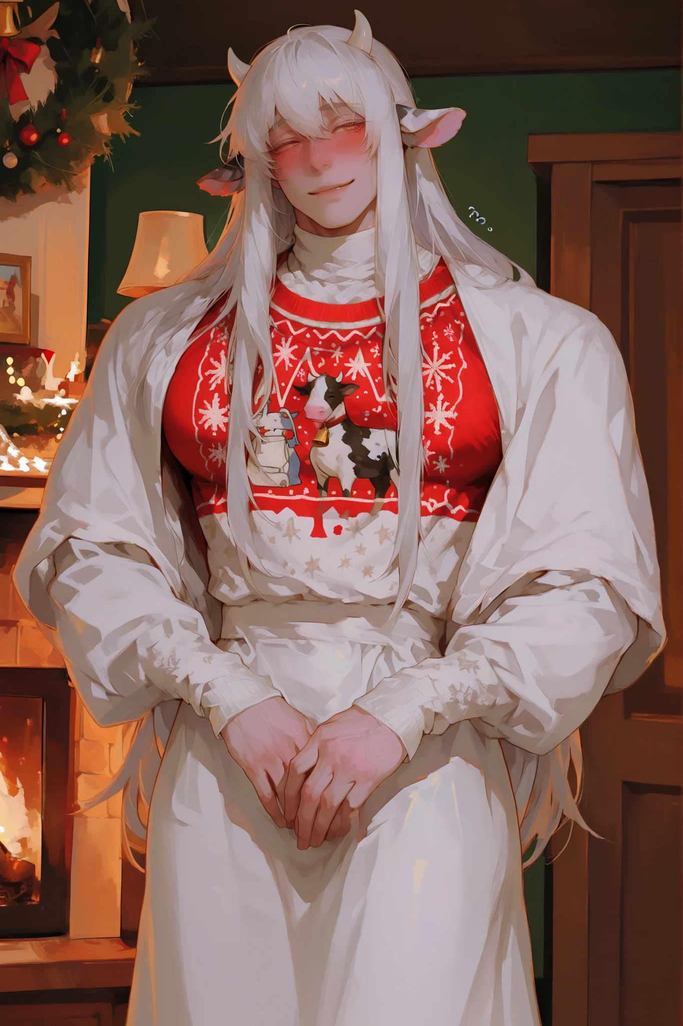 (Only a cow) A chubby selling dairy cow, very long white hair, low column, small dairy cow horns,  dairy cow ears,  Young Beautiful Face , beautiful body,    soft skin ,    soft body    ,large pectoral muscles ,  Toned hips , tender eyes, confused blushing, smiling softly, wear a white fleece christmas sweater , dress. warm Christmas house background.