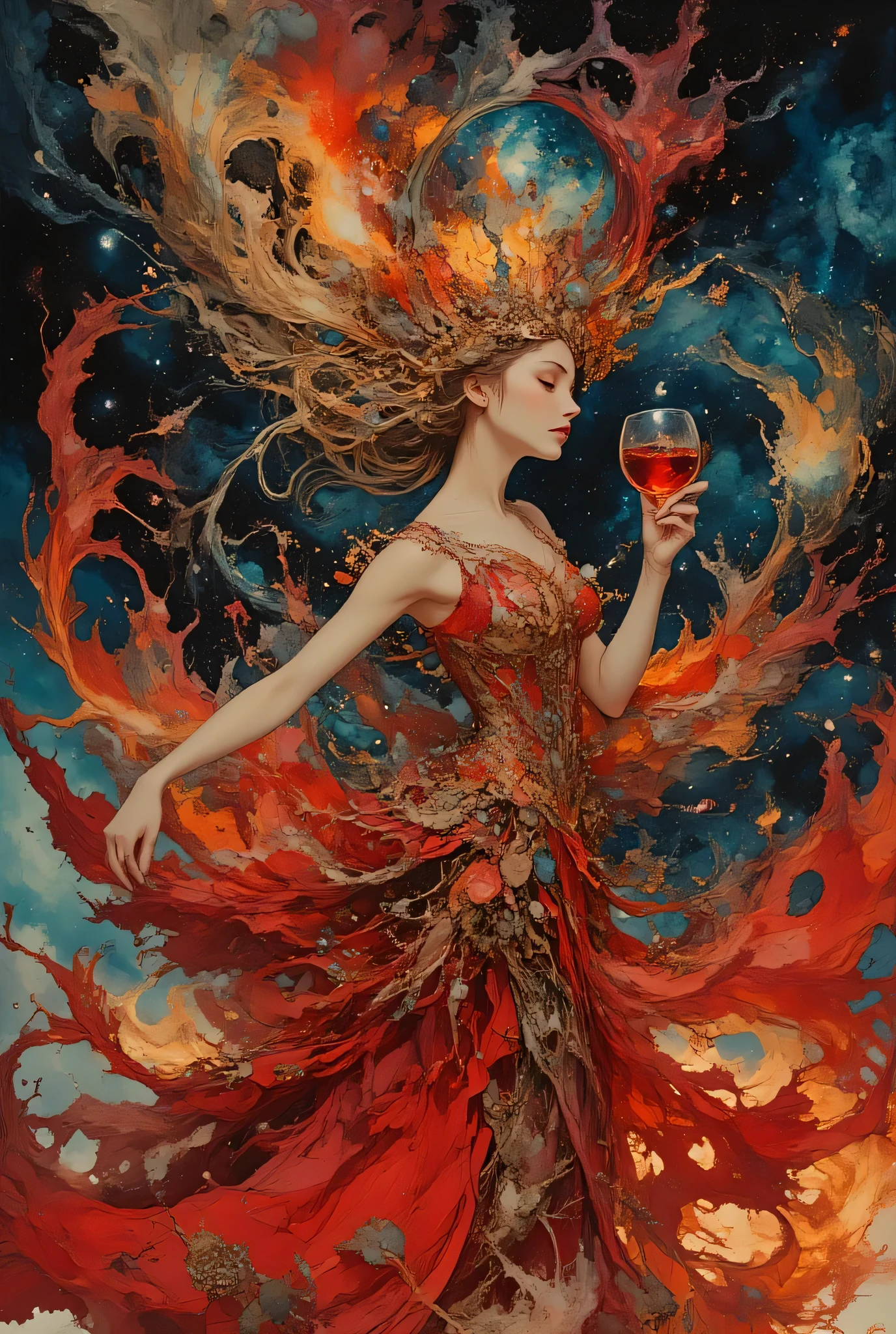 pingtu style, illustrazione-fen, stm211, extremely aesthetic, illustrazione, colori vivaci , decentralized composition,
BREAK
Dancer from the wine sanctuary. In a starry night , illuminated by the light of a bonfire, his hair sways gracefully, a glass of red wine in his hand, , her red clothes float and sway with the dance, surrounded by splashes of red wine . Her eyes are enchanted. posa dinamica, Azione dinamica, angolo drammatico, Immagine elegante.