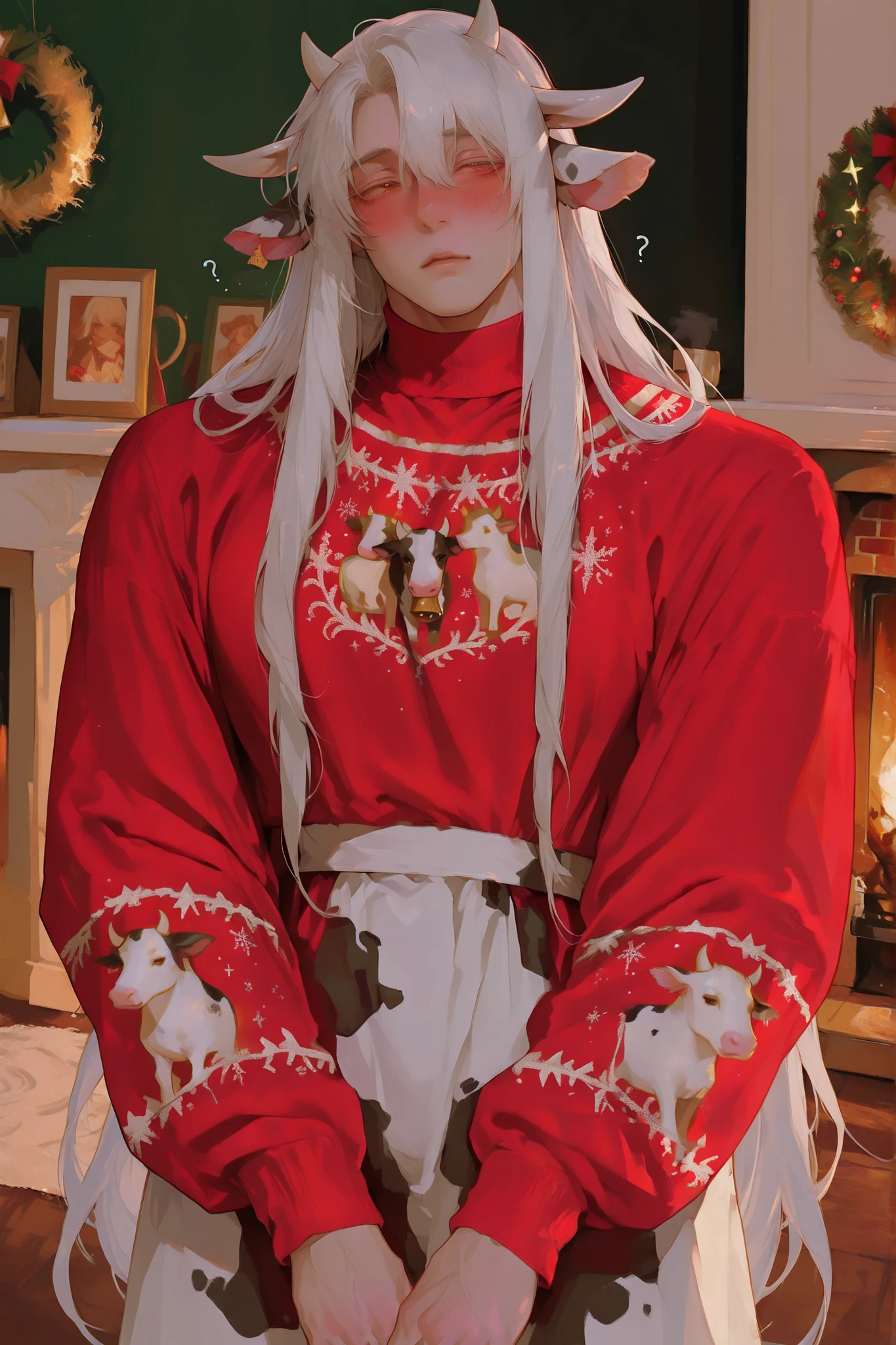 (Only a cow) A chubby selling dairy cow, very long white hair, low column, small dairy cow horns,  dairy cow ears,  Young Beautiful Face , beautiful body,    soft skin ,    soft body    ,large pectoral muscles ,  Toned hips , tender eyes, confused blushing., wearing a Christmas sweater , dress. warm Christmas house background.
