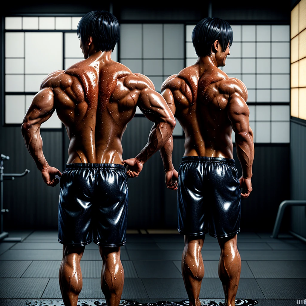 There is only one handsome Asian actor in the picture，30 years old，Tall and handsome, Toned body，short hair, O-Shaped Beard，Perfect body, Dark skin，Glowing skin，Smooth skin，The body is hairless，Muscle bulge, Muscular, Very large pectoral muscles，Very sexy abdominal muscles，Very well-developed leg muscles，Huge concave and convex area，Brightens oily skin，Wearing a white leather shiny ，Handsome face， Correct and accurate male body proportions, Stand among the flowers。