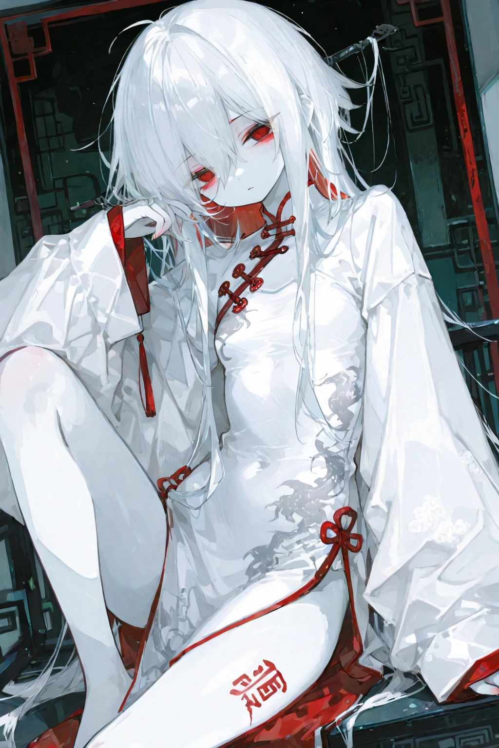 a girl，Sheep's horn, full color,  long white hair, Red眼睛 ，Eyeliner,  black  clothes, Red, open air, Rose, night, ruins, Butterfly，mine same as the original, mine, , (:1.2)
rest, (cheongsam), (view from below), (Put your arms behind your back), (wild lift), thin dress, Crotch cutout, best quality, high resolution, unified 8k wallpaper, (illustration:0.8), (Beautiful and delicate eyes:1.6), extremely detailed face, perfect lighting, Very detailed cg, (perfect hands, perfect ),soles of feet，sitting，blond，red lips，Acting cute，Close-up of feet，up-close，Complete feet