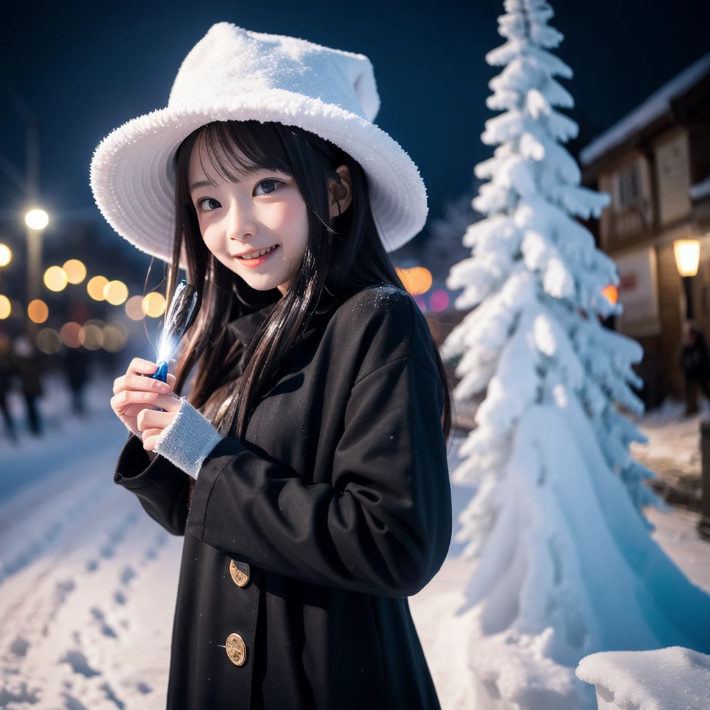 (Best Quality,8K,High resolution:1.2),(Beautiful Realistic.6)、(Cute little girl s:1.4),(Choppy.25),(Glamorous body),(fur-coat,gloves,Yarn hat、boots)、21years old、Professional、(my beloved woman#39;s joy、Heartbeat in the chest)、happy、kou、snowflakes falling、Snow runs、white shy smile、Model-like appearance、Akita、A snowy city、