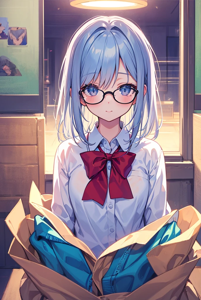 1girl, wearing red glasses, red eyes, blue hair, cat ears, bang, :o, wearing red casual dress, small, chibi, masterpiece city, 8k quality, diamond eye, 8k resolutions