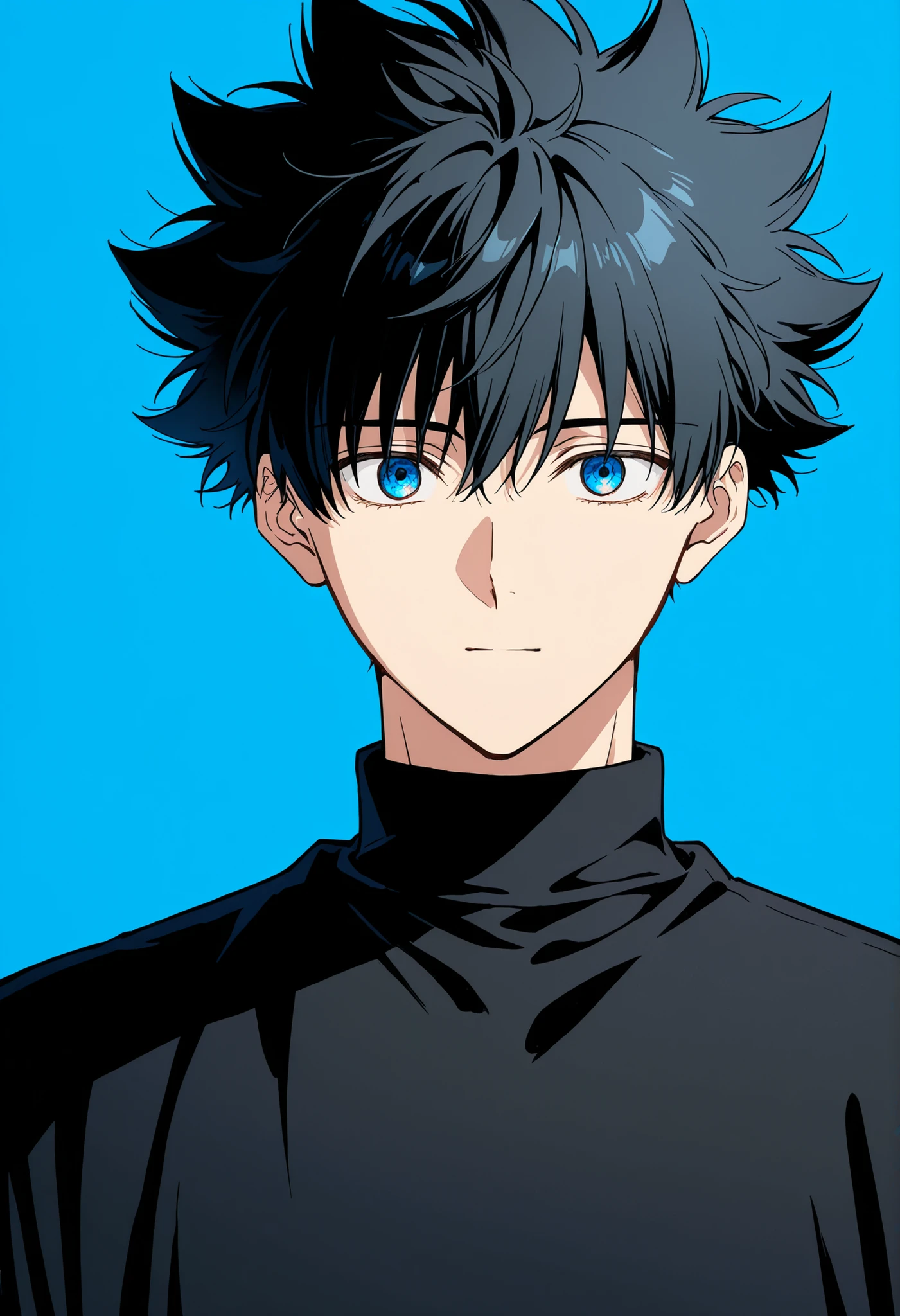 1male, blue eyes, black hair, spiky hair, fluffy hair, blue background, black tshirt turtleneck, white background, facing camera
