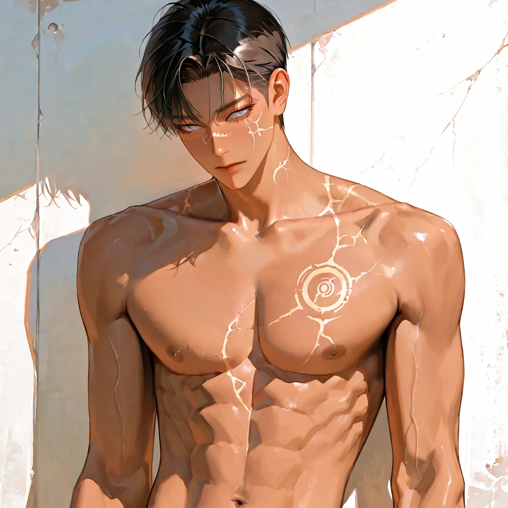 A beautiful anime-style boy with a well-defined sixpack, perfect facial features, detailed eyes, sharp jawline, piercing gaze, intricate hair, glowing skin, dynamic pose, dramatic lighting, vibrant colors, cinematic composition, intricate details, highly detailed, 8k, photorealistic, masterpiece