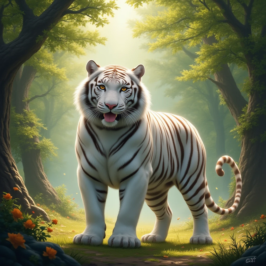 masterpiece, (best quality, highres), 8k, white tiger, forest, vivid colors, detailed fur texture, sunlight, ethereal lighting