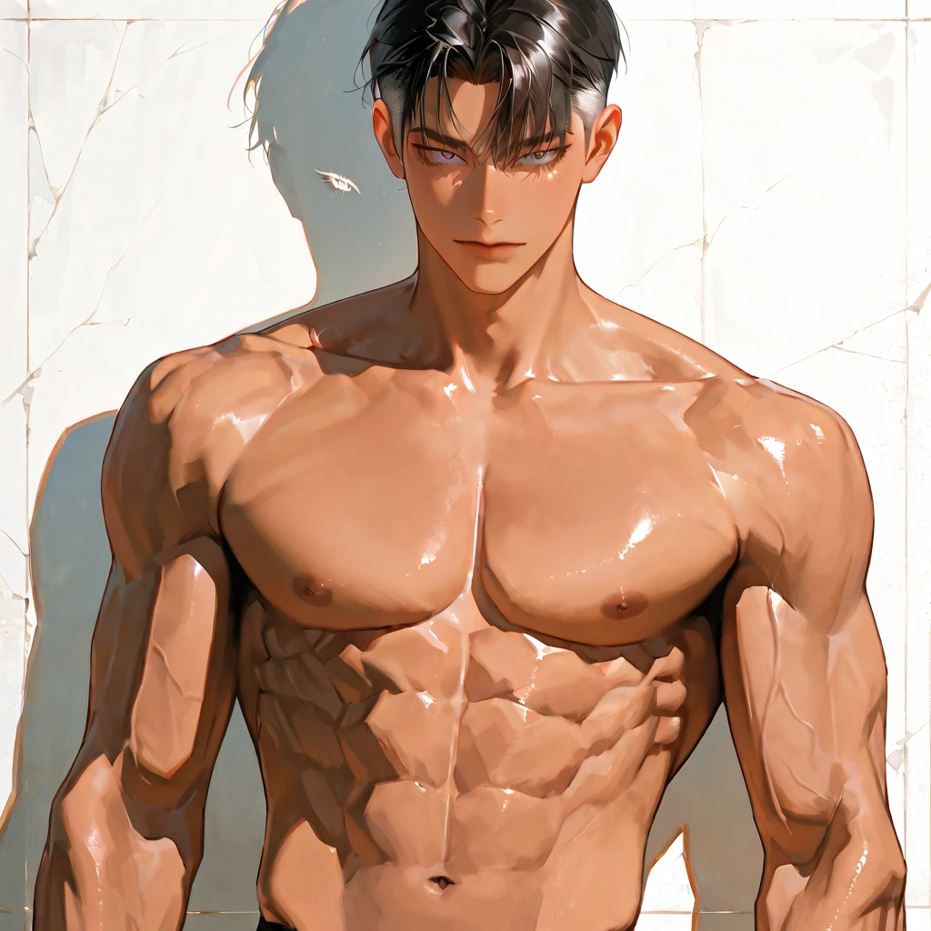 Chico anime con ojos azules y  posando desnudo., tall anime boy with blue eyes, handsome anime pose, handsome boy in Demon Slayer art, male anime character, animated handsome man, Type, young animated, , Makoto Shinkai ( legends of the apex ), top rated on pixiv, murata and artgerm range,  chest, semi realistic anime