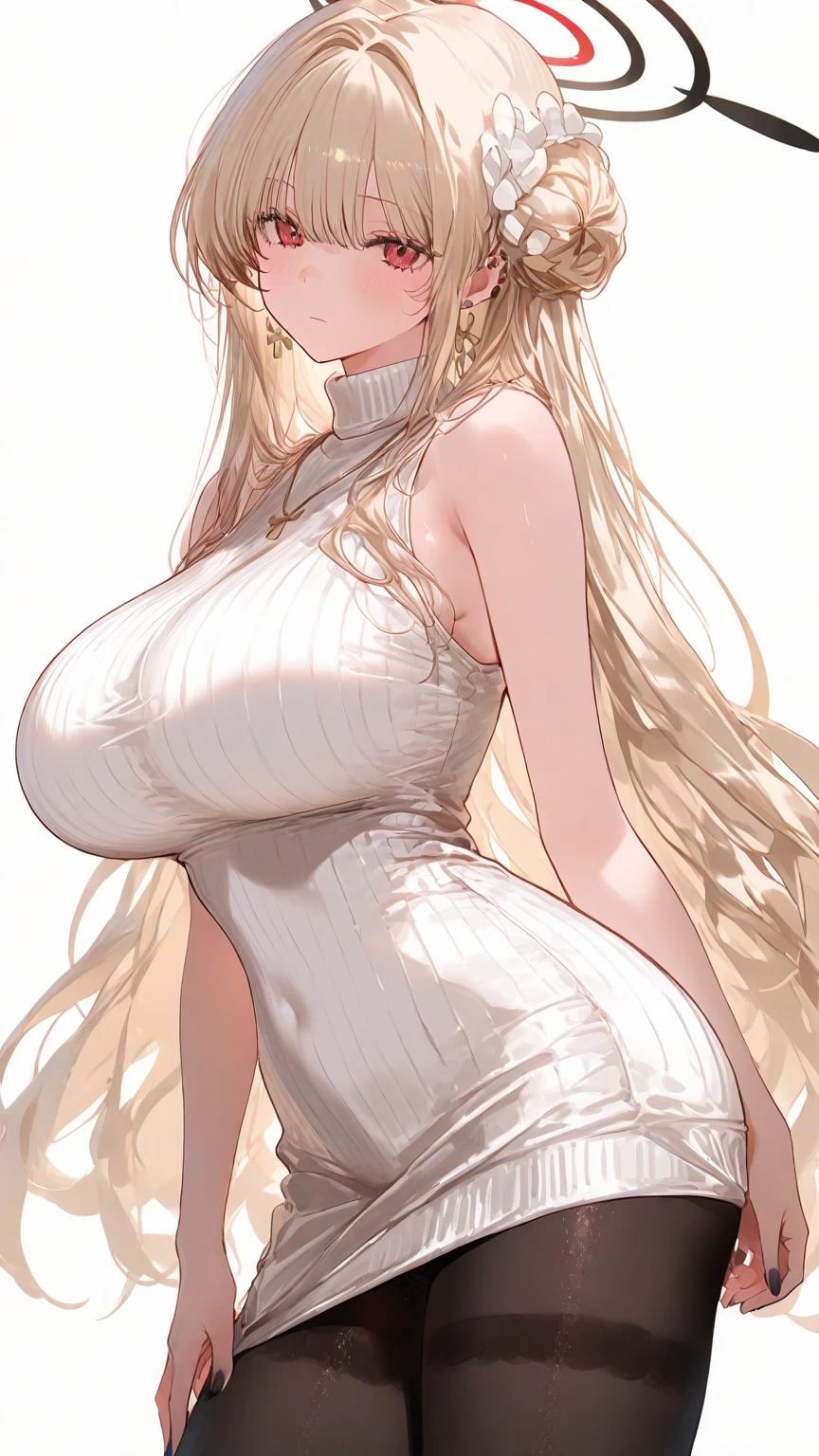 masterpiece, best quality, 1girl, 
sitting
outdoors, huge breasts, thick thighs, wide hips, scenery, solo, thighs, breasts, arm behind head, no panties, green eyes, parted bangs, lips, covered navel, looking at viewer, curvy, blonde hair, bare arms, dress, eyelashes, blue sky, white dress, sleeveless, sky, collarbone, arms up, bare shoulders, short dress, smile, cloud, sleeveless dress, covered nipples, pointy ears, pink lips, mature female, armpits, no bra, sideboob, day