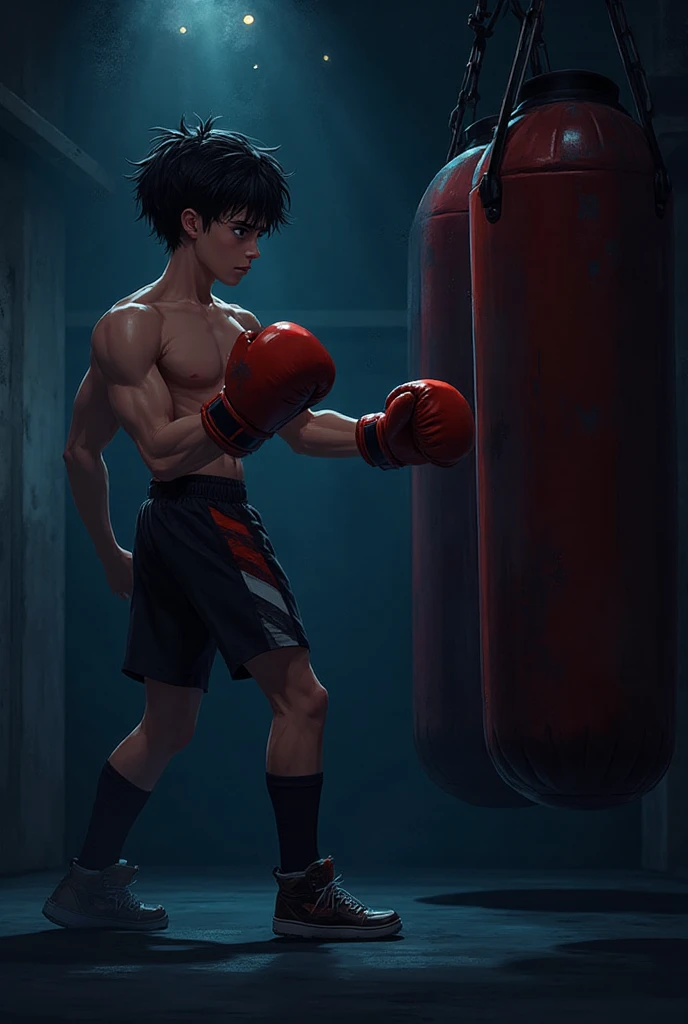 , super muscular, sweat-drenched body, 22-year old short black hair handsome caucasian male wearing boxing gloves, sweat-drenched white boxing shorts and boxing shoes, panting, KO in the ring, very exhausted, drenched with sweat, in the boxing ring